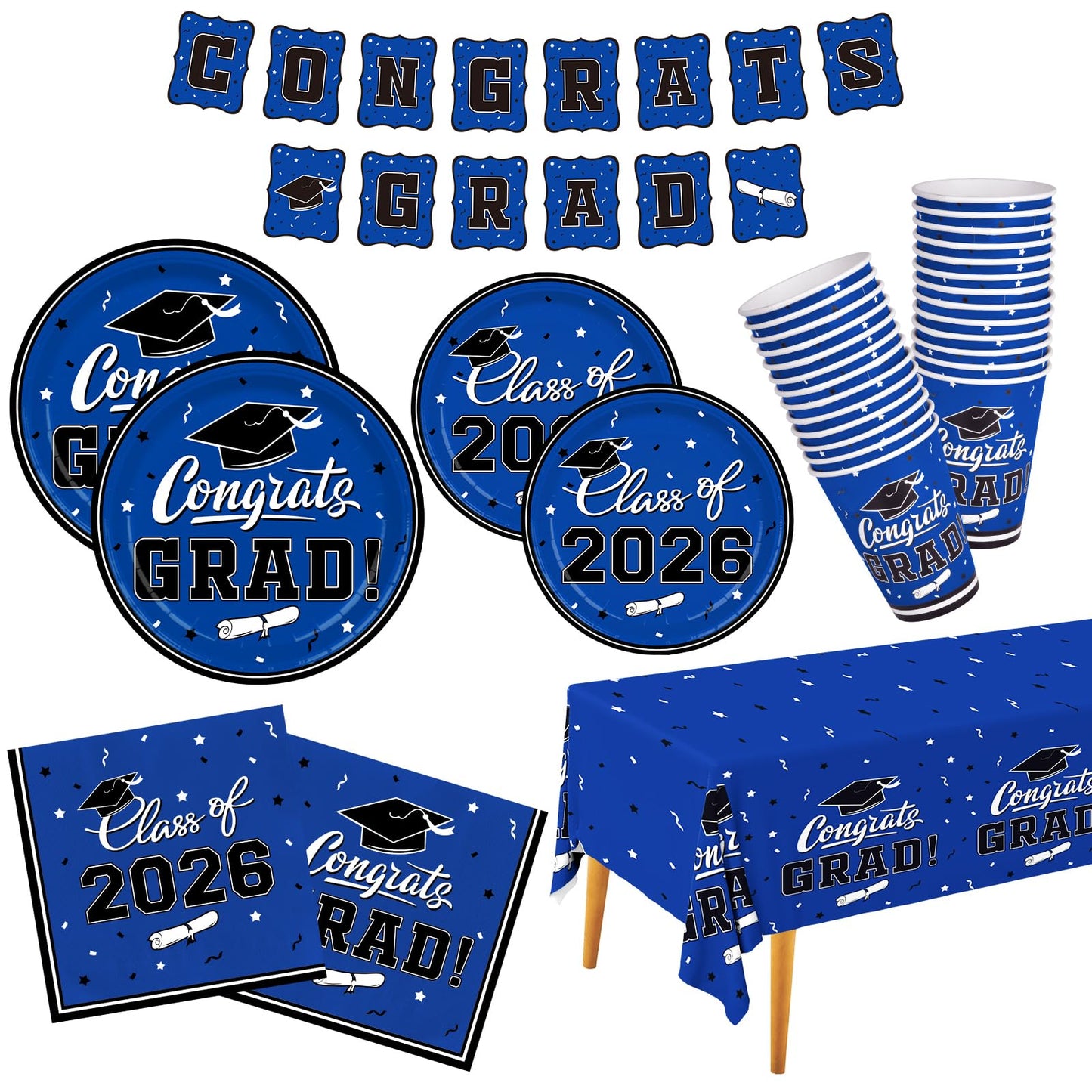 Graduation decorations class of 2026 Gatherfun Congrats Grad Party Dinnerware Set Blue Disposable Paper Plates Napkins Cups Tablecloth Banner for Gatherfun Decorations 2026 deals , Serve 25