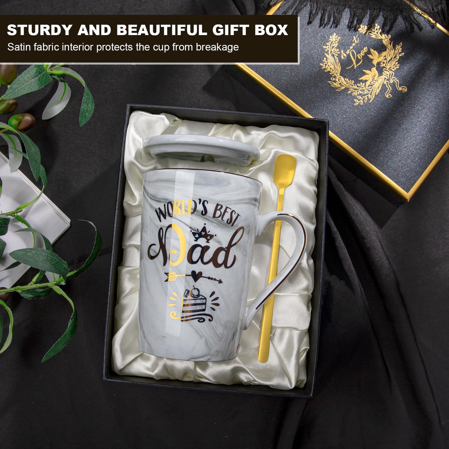 Fathers Day Birthday Gifts Presents for Dad from Daughter Son - World's Best Dad - Funny Daddy Mug with Gold Print, 14Oz Grey Marble Ceramic Coffee Cup, with Lid Spoon Greeting Card, Nice Gift Boxed
