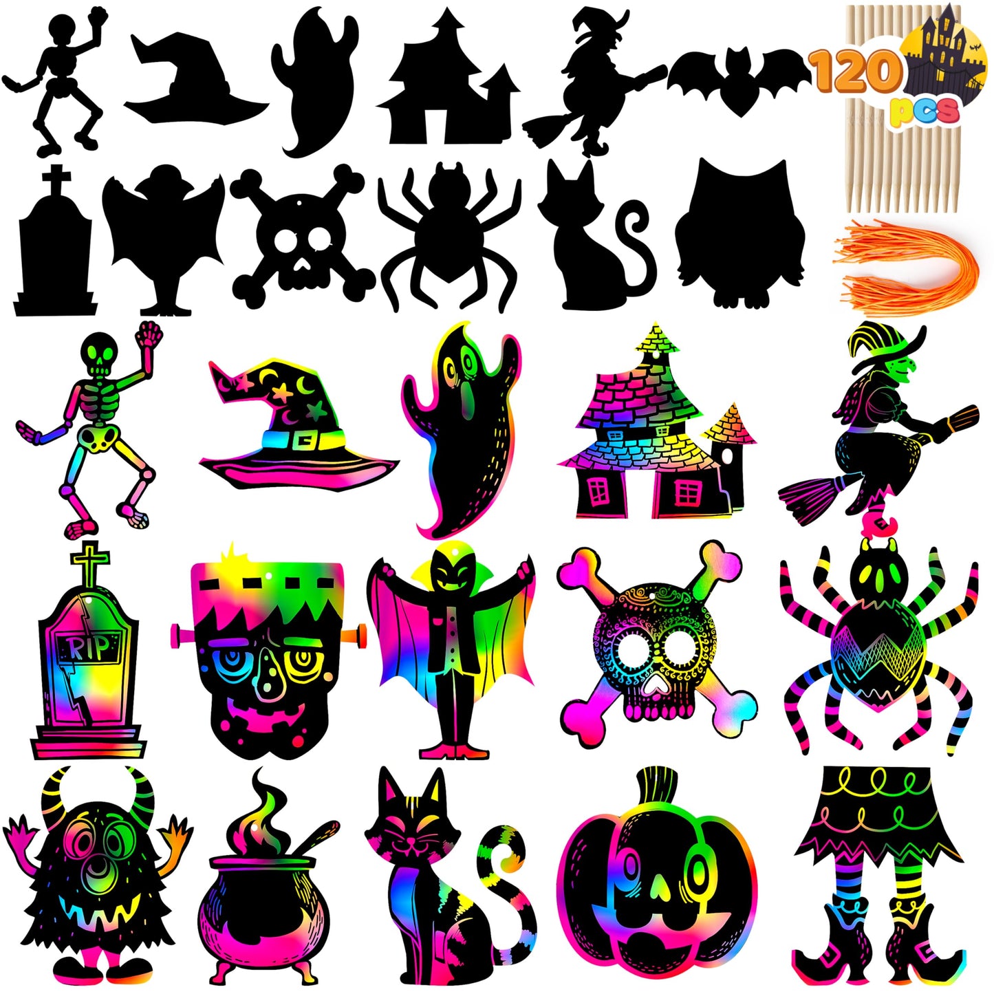 36 Pcs Halloween Rainbow Scratch Paper Art Crafts for Kid, Halloween Party Favors, Scratch Off Cards with 18 Designs for Party Supplies, Classroom Activities Game Goodies Gifts (Age 3+)