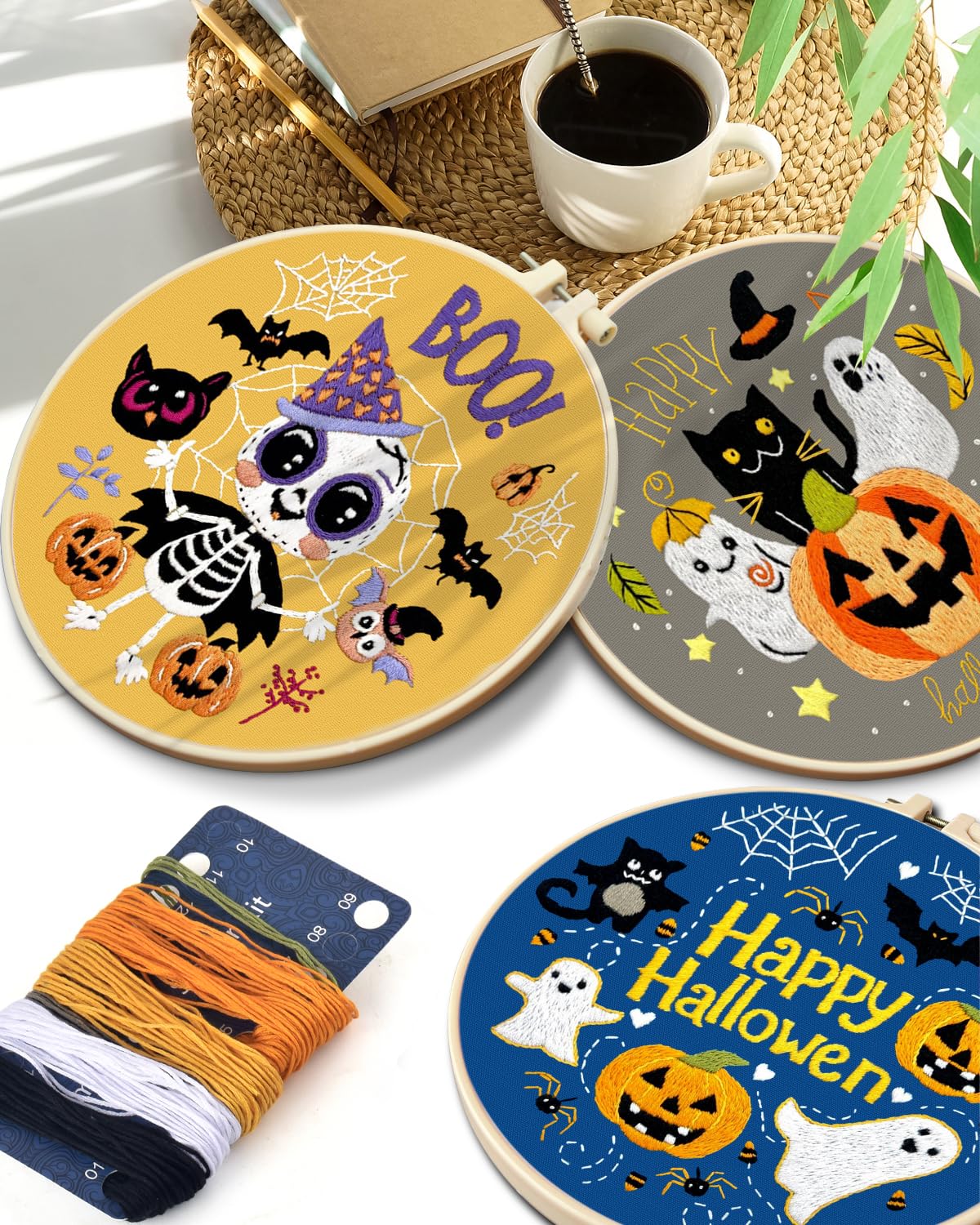TINDTOP Halloween Embroidery Kit for Adult, 3 Pack Embroidery DIY Starter Kit, with Stamped Patterns, Hoop, Tools, Colorful Threads with Needles, Instructions