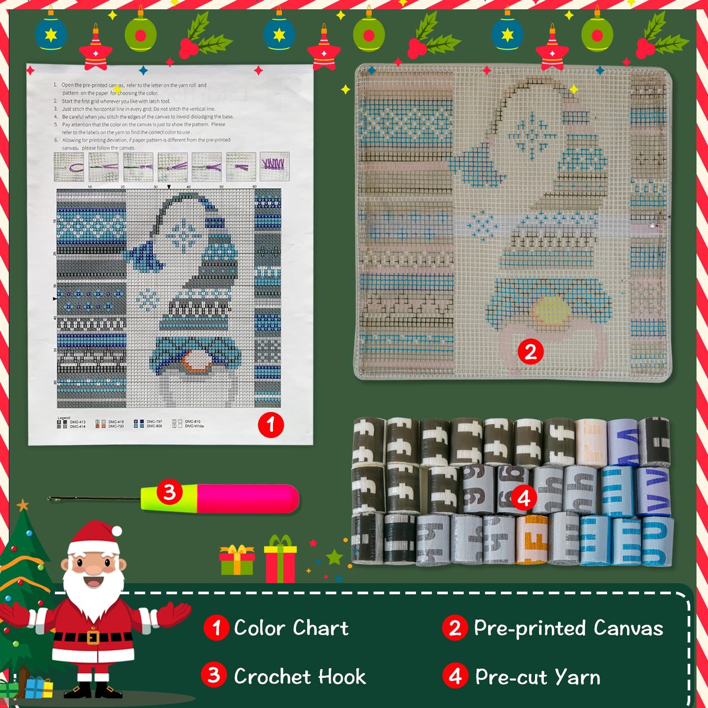 Latch Hook Kits for DIY Throw Pillow Cover,Needlework Cushion Cover Hand Craft Crochet for Great Family 17X17inch Christmas Hat