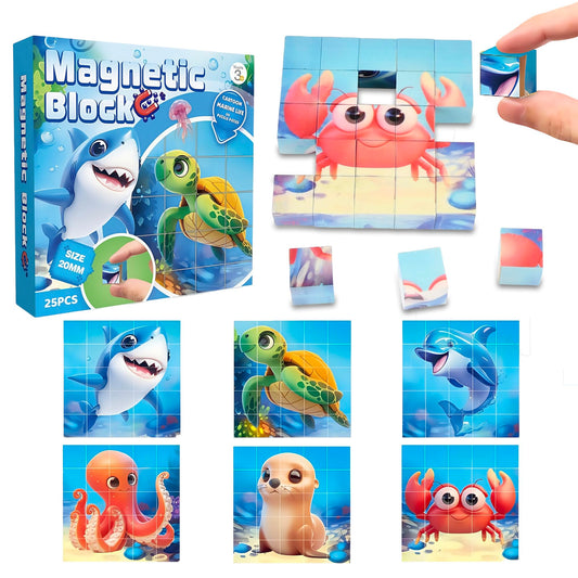 Magnetic Blocks Building Toy,Ritastar 25pcs Mine Stacking Magnet Build Cubes Cartoon Pattern World,STEM Sensory Construction Toys for Kids Gift,Educational Jigsaw Puzzle Set with 3D Sea Animal Designs