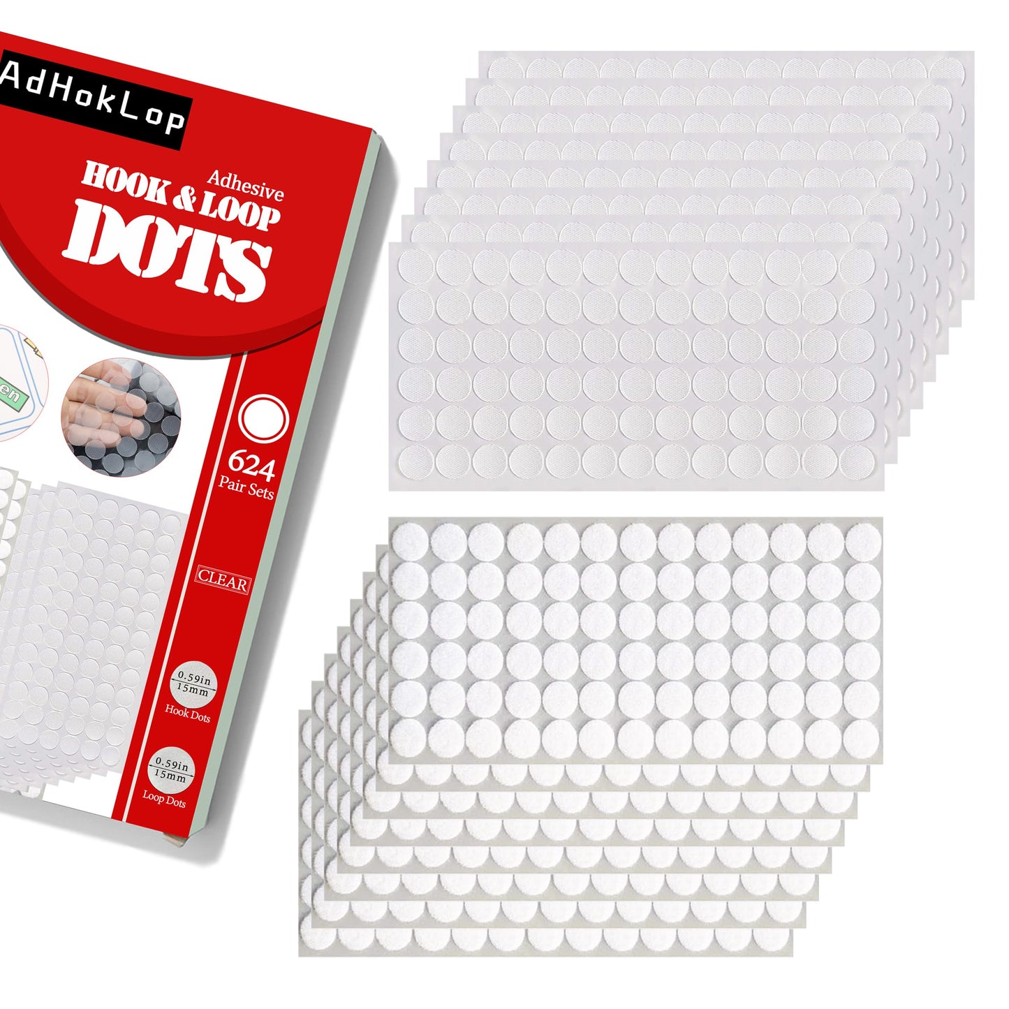 Adhoklop 1248 Pcs (624 Pairs) Thin Clear Dots with Adhesive Hook and Loop Nylon Transparent Sticky Back Glue Tapes 0.59 Inch Diameter Fastener for School Classroom Teacher Supplies (Clear)