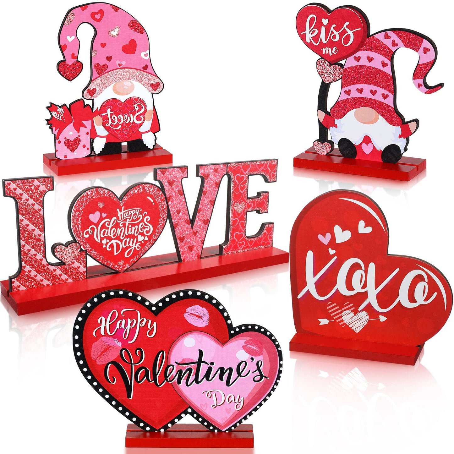 5 Pcs Valentine's Day Wooden Table Sign Decoration Freestanding Table Centerpiece Sign Romantic Love Heart Shape Home Decor Tiered Tray Wood Gnome Valentines Day Accessories(Red)