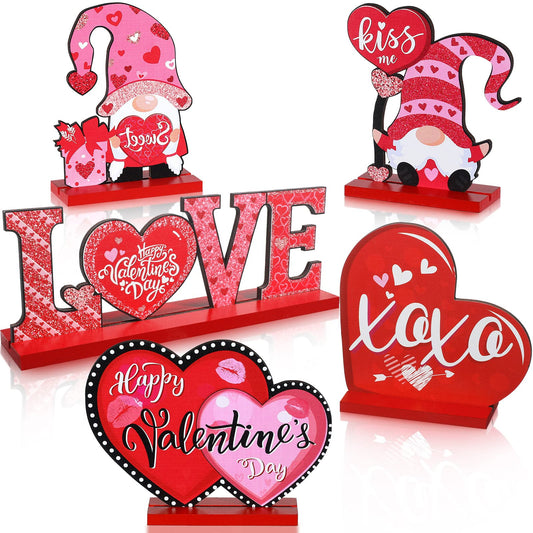 5 Pcs Valentine's Day Wooden Table Sign Decoration Freestanding Table Centerpiece Sign Romantic Love Heart Shape Home Decor Tiered Tray Wood Gnome Valentines Day Accessories(Red)