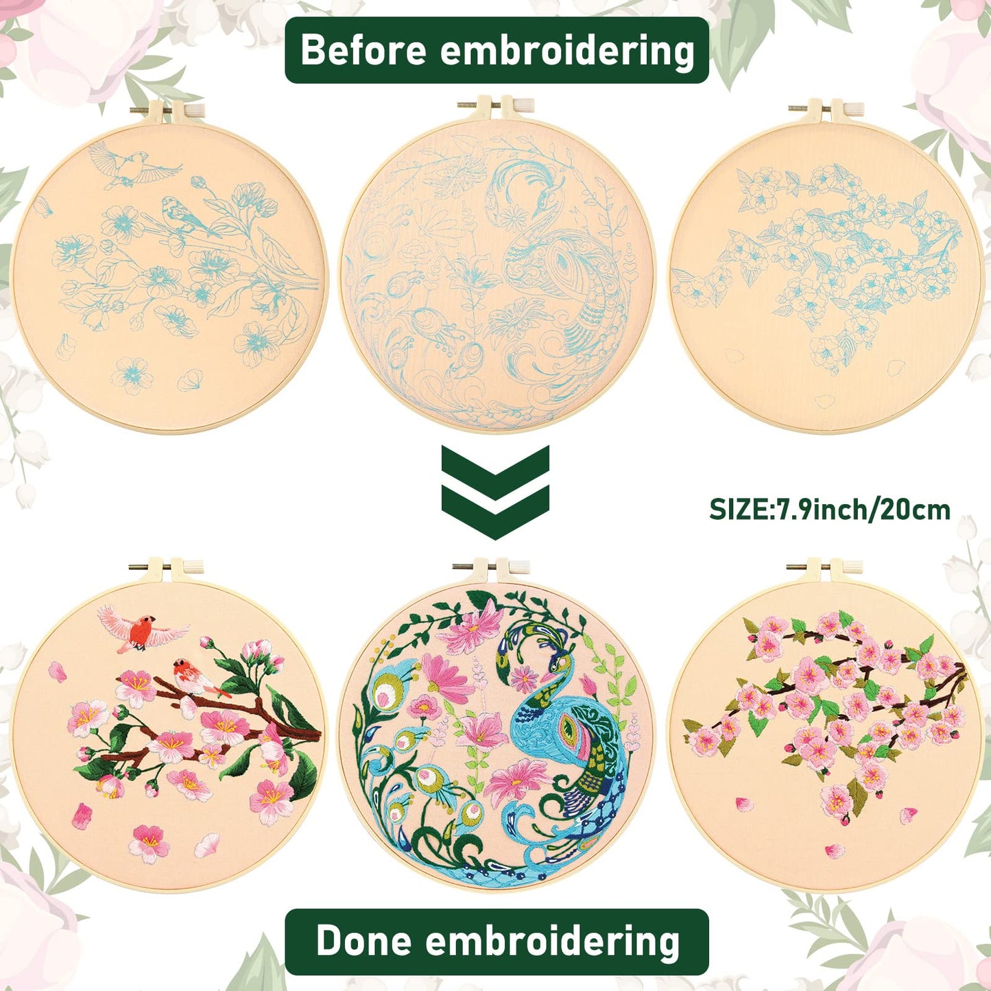 5 Sets Floral Embroidery Kit for Beginners Adults Flower Embroidery Starter Cross Stitch Kits with Flower Stamped Patterns and Instructions Include Hoop Threads Needles Fabric for Art Starter