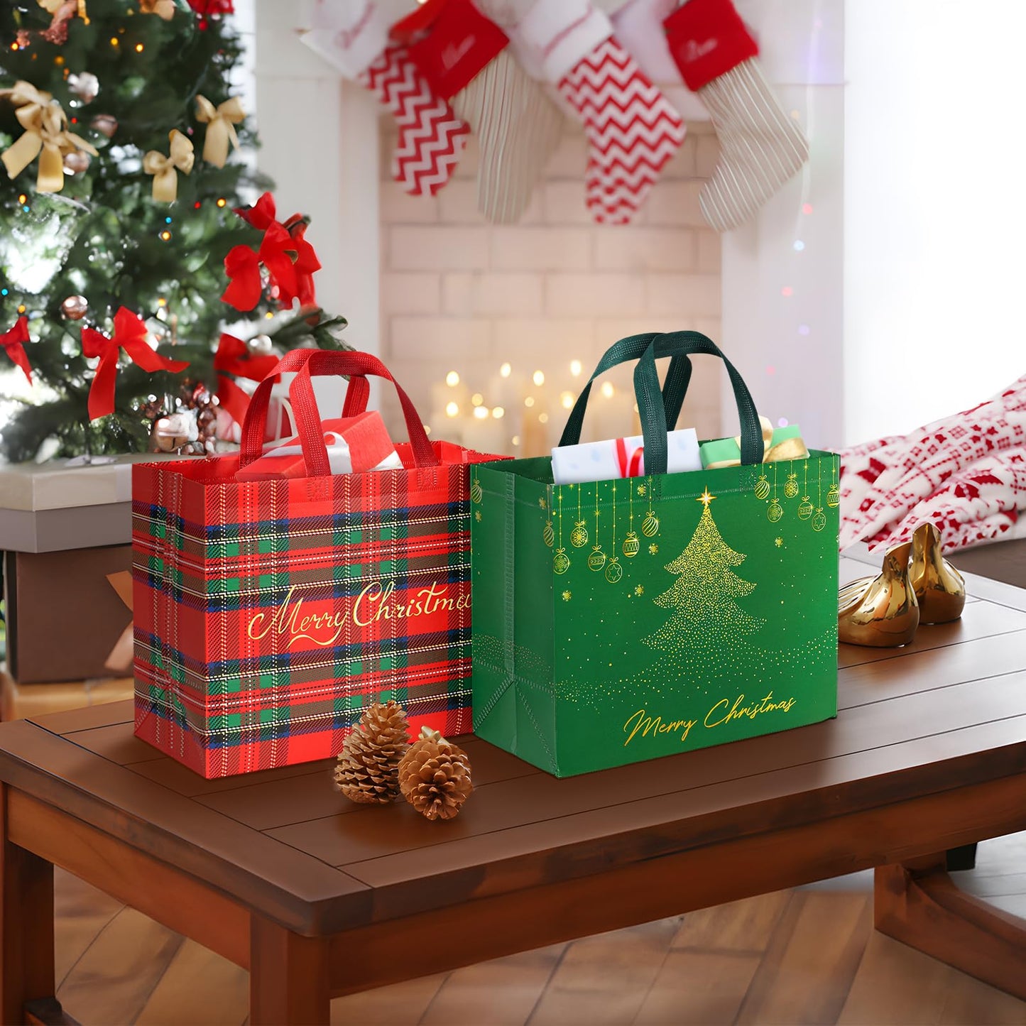 2 Pack 13" Large Christmas Gift Bags with Tissue Paper, Reusable Non-Woven Christmas Bag with Handles for Holiday Presents Wrapping, Holiday Tote Bags for Gifts Wrapping Xmas Party Favors