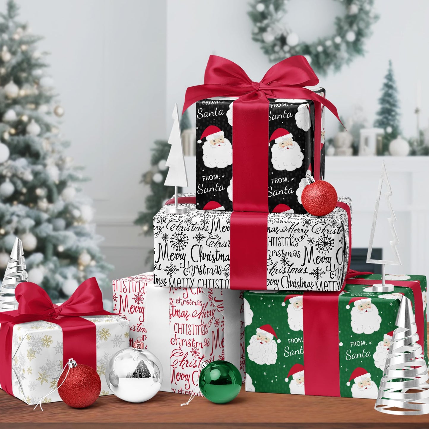 Black Santa Christmas Wrapping Paper, Reversible Holiday Gift Wrap with Classic From Santa & Merry Christmas Design for Kids, Season Party, Xmas Presents, 17 Inch X 33 Feet
