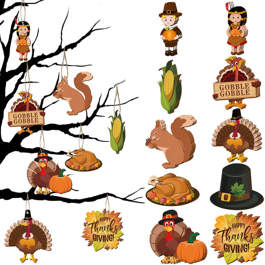 30 Pieces Fall Thanksgiving Wooden Ornaments Thanksgiving Pumpkin Cutouts Fall Mix Colorful Cutouts Turkey Maple Leaves Acorn Wooden Ornament Hanging Ceiling (Stylish)