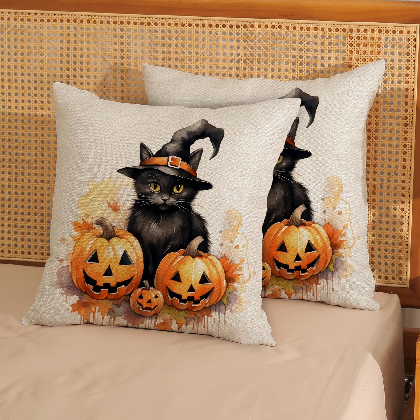 Halloween Pillow Covers 18x18 Set of 2 Black Cat Pumpkin Pillowcase Halloween Decorations Outdoor Throw Pillow Covers Linen Farmhouse Fall Thanksgiving Decor Cushion Case for Couch Home Sofa