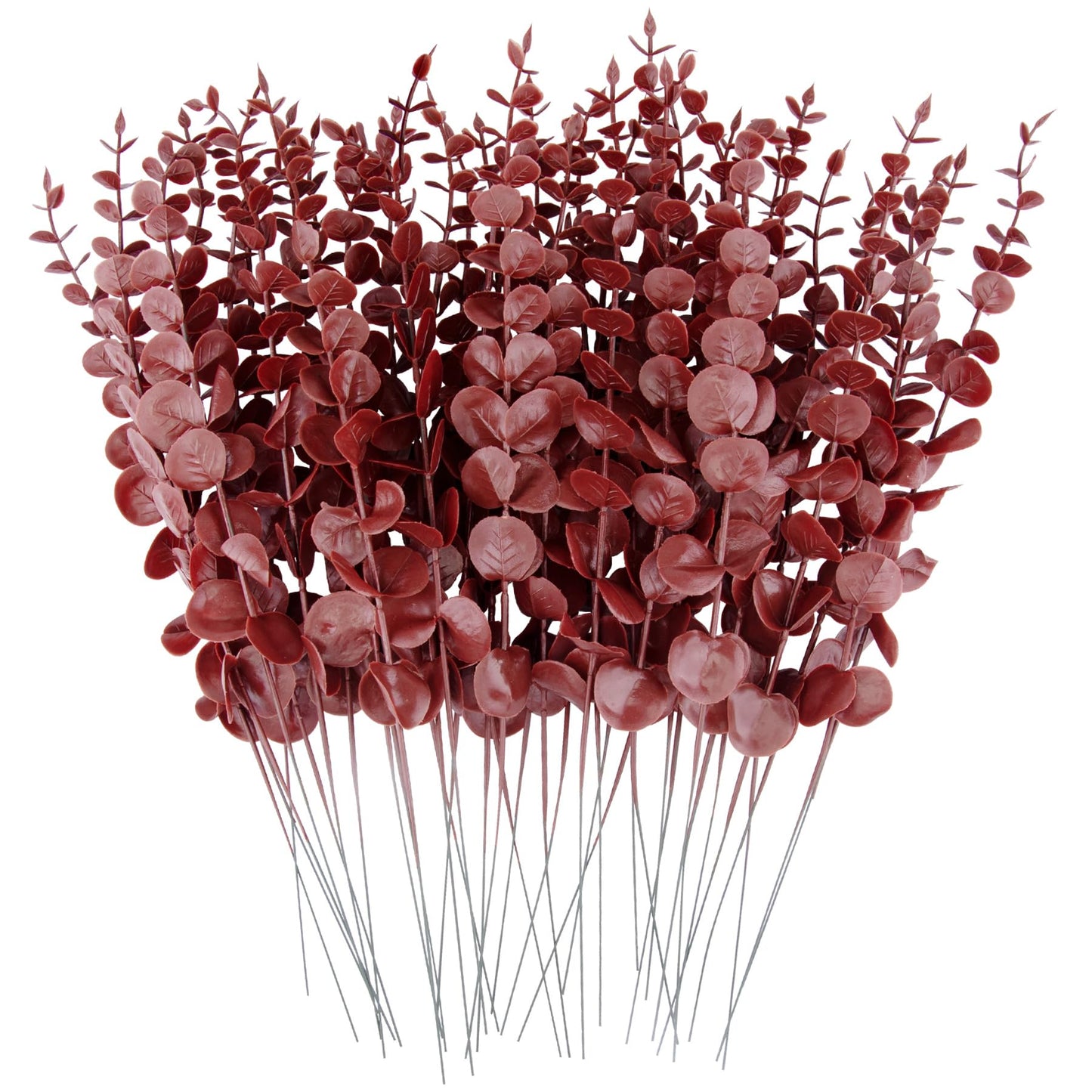 FEQO 36 Pcs Dark Red Eucalyptus Stems Artificial Leaves Faux Eucalyptus Stems Branches 15 inch for Wedding Bouquet Home Decor