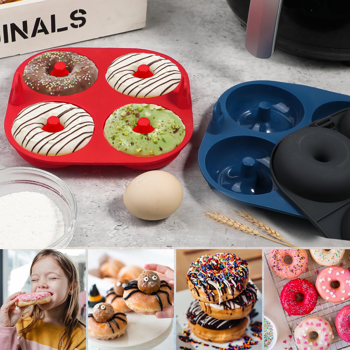 Webake Silicone Air Fryer Donut Pan for Baking, 4-Cavity Donut Pans Nonstick Donut Mold, BPA-Free, Dishwasher Safe, Set of 3