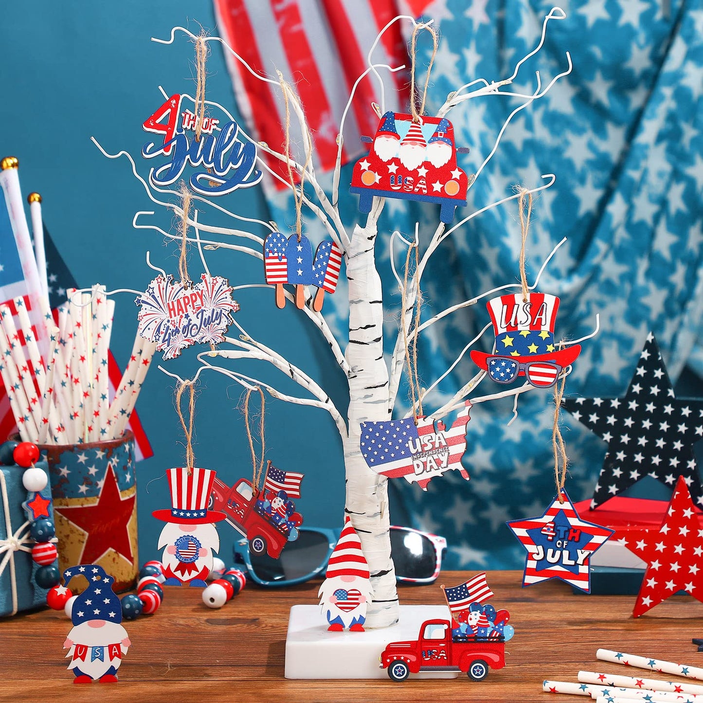 36 Pieces 4th of July Ornaments for Tree Independence Day Wooden Gnome Hanging Decor Red White Blue Wooden Decor Memorial Day Leprechaun Cutouts Pendant for Independence Day Party Home Supplies