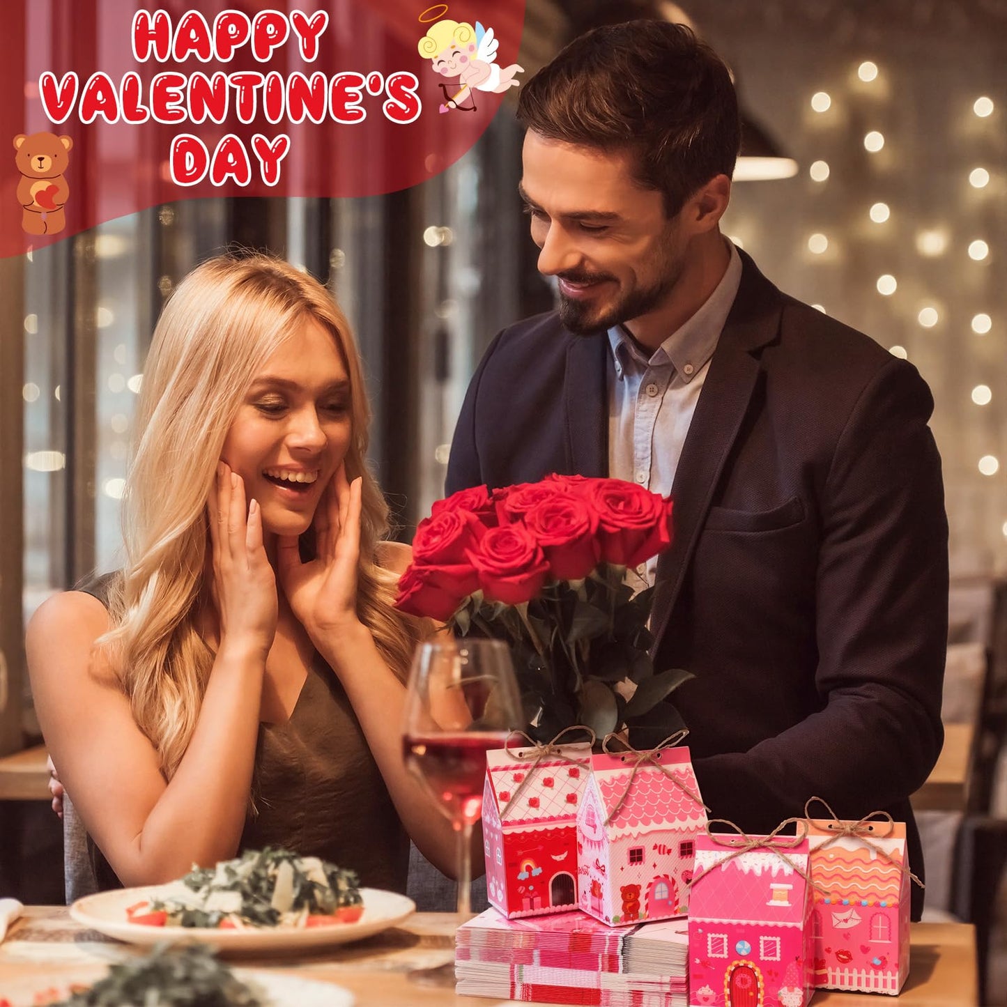 48 Pcs Valentine's Day Treat Boxes Candy Mini Red Pink Heart House Favor Box Valentine's Day Party Paperboard Gift Boxes for Holiday Party Treat Cookie Goodie Snack Gift Packaging