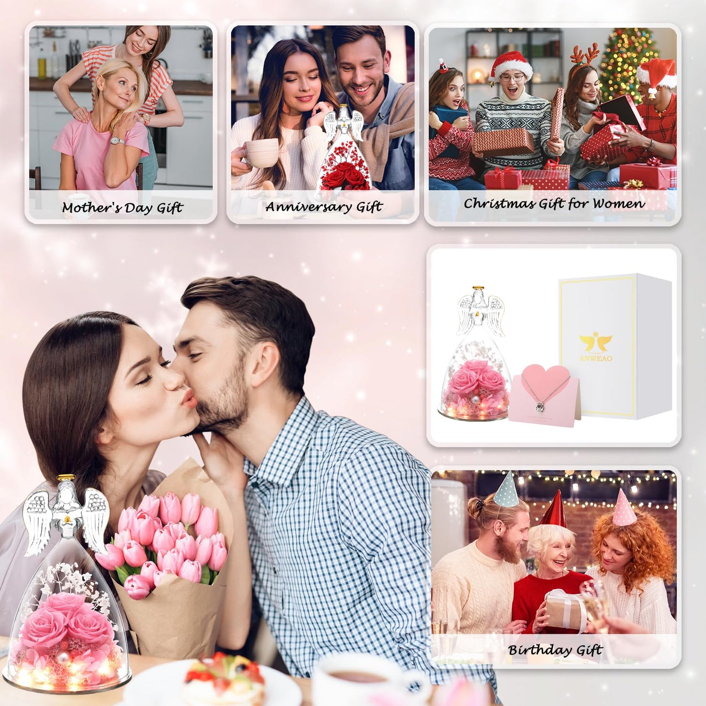 Mothers Day Birthday Gifts for Her Preserved Real Rose in Angel Glass Crystal Angel Figurines