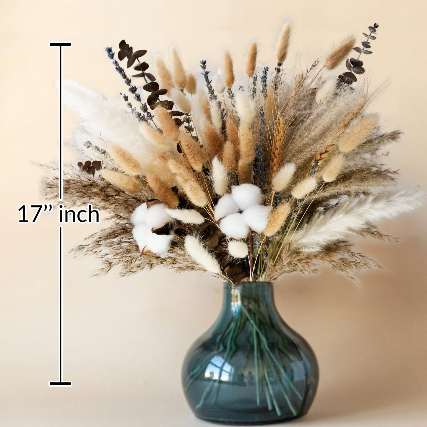 Natural Dried Flower Bouquet - Pampas Grass, Cotton Stems, Bunny Tails, Eucalyptus, Lavender & Wheat - Rustic Boho Decor for Home, Fall Decorations for Home, Wedding, or Gift