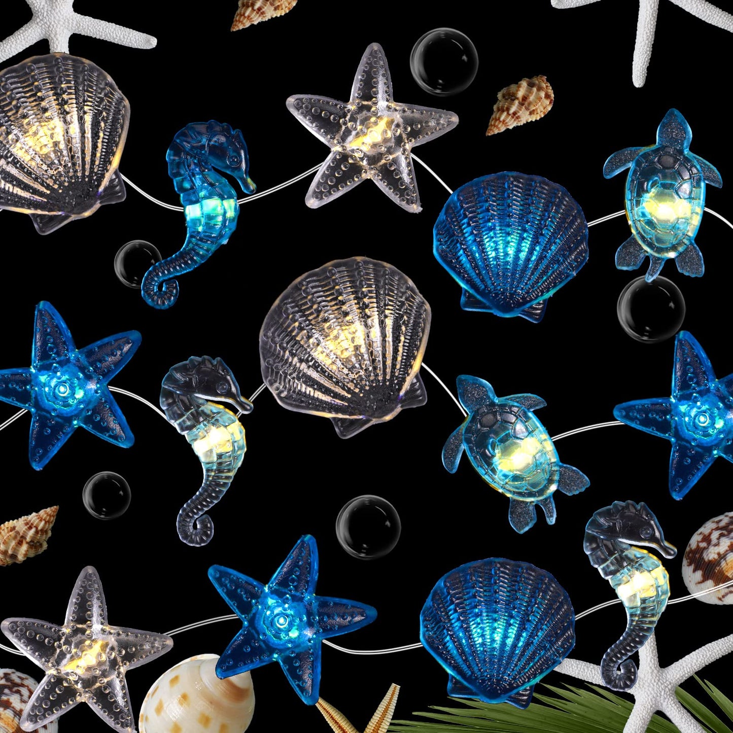 Zhanmai 2 Pcs Ocean Decor String Lights for Bedroom Nautical Theme Seashell Seahorse Conch 10ft 30 LED Battery Operated String Lights for Xmas Tree Ornaments Birthday Holiday Party Decor
