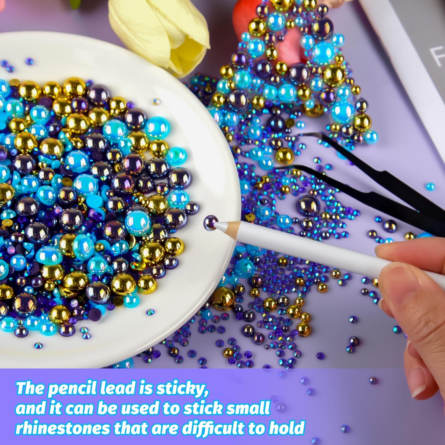 ASTARON 50g Mix Flatback Rhinestones Half Pearls for Crafts Mixed Size 3mm-10mm Flat Back Rhinestones for Crafts Flatback Pearls for Decorating Tumblers Mugs Nail Art Shoes (Blue Gold Series)