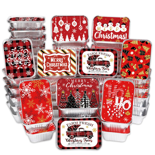 36PCS Christmas Aluminum Food Containers with Lids 9 Styles Merry Christmas Foil Leftover Containers Disposable Cookie Tins Storage Pans for Winter Holiday Gift Giving Party Supplies (Style A)
