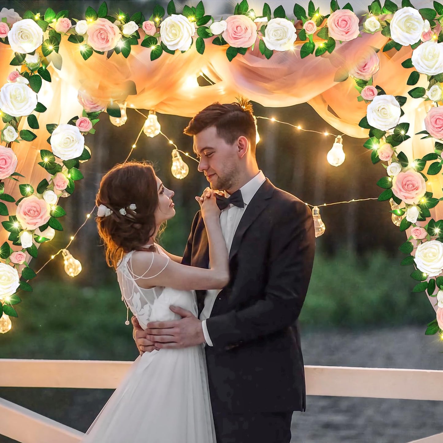 4 Pcs Flower Garland with 39.2 Ft Lights, 26.4 Ft Pink & White Floral Garland Fake Flowers for Wedding Arch Party Wall Garden Room Decor
