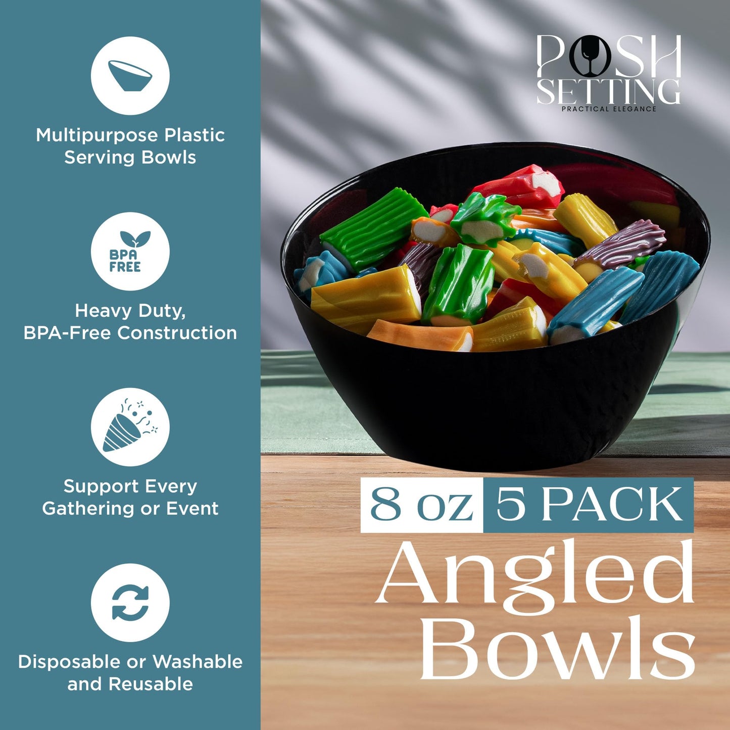 Posh Setting Black Plastic Serving Bowls Disposable - Angled Bowls - Angled Candy Bowl - Plastic Snacks & Chip Bowls for Parties - Black, Gold & Clear, White Serving Dishes, 8 OZ, 5 Pack