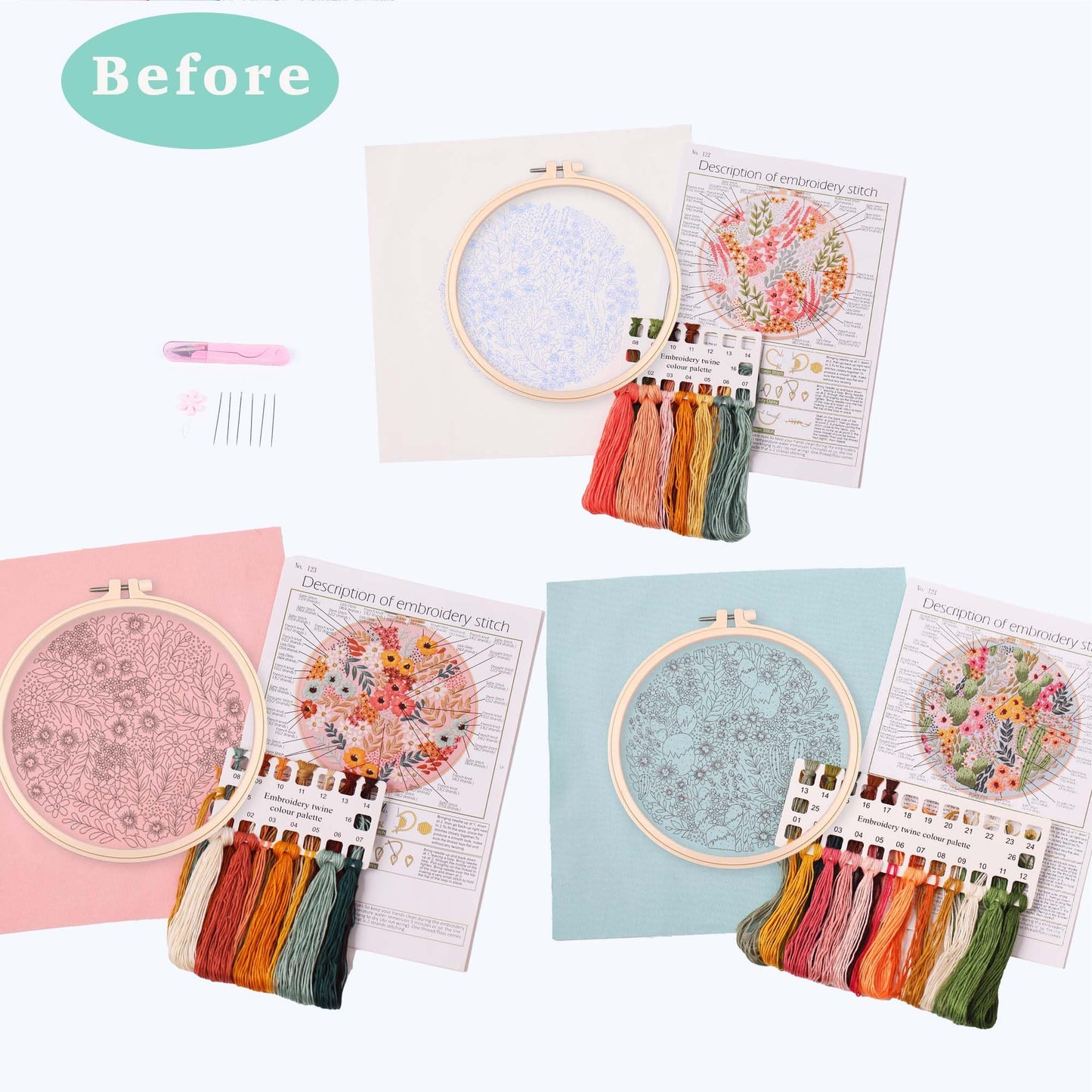 REEWISLY 3 pcs Embroidery Starter kit with Patterns and Instructions, DIY Adult Cross Stitch Kits Beginner, Including 3 Plastic Embroidery Rings, 1 Scissors, Colored Threads and Needles