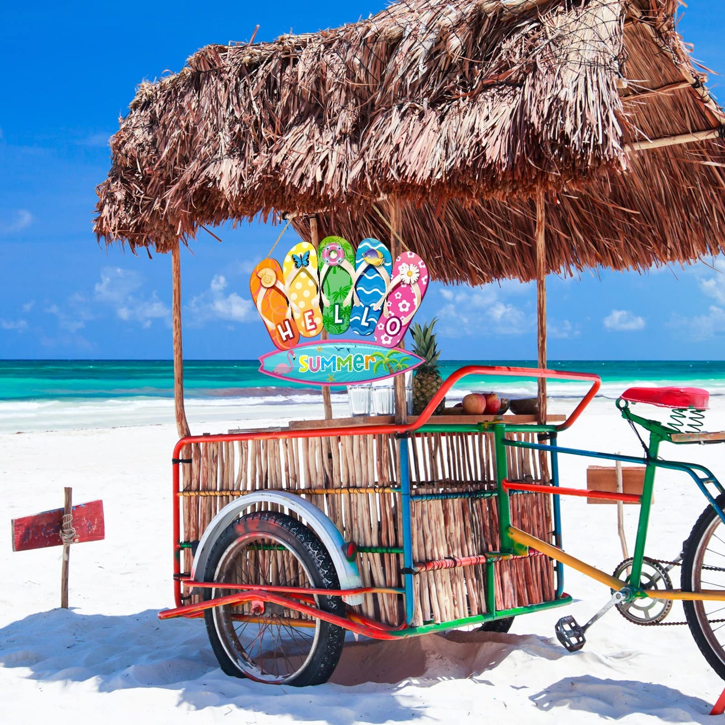 Jetec Summer Slippers Hanging Sign Shape Welcome Hello Flip Flop Wooden Door Sign Hanging Plaque Rustic Wall Sign Yard Indoor Outdoor Garden Decoration with Rope (Hello Summer)