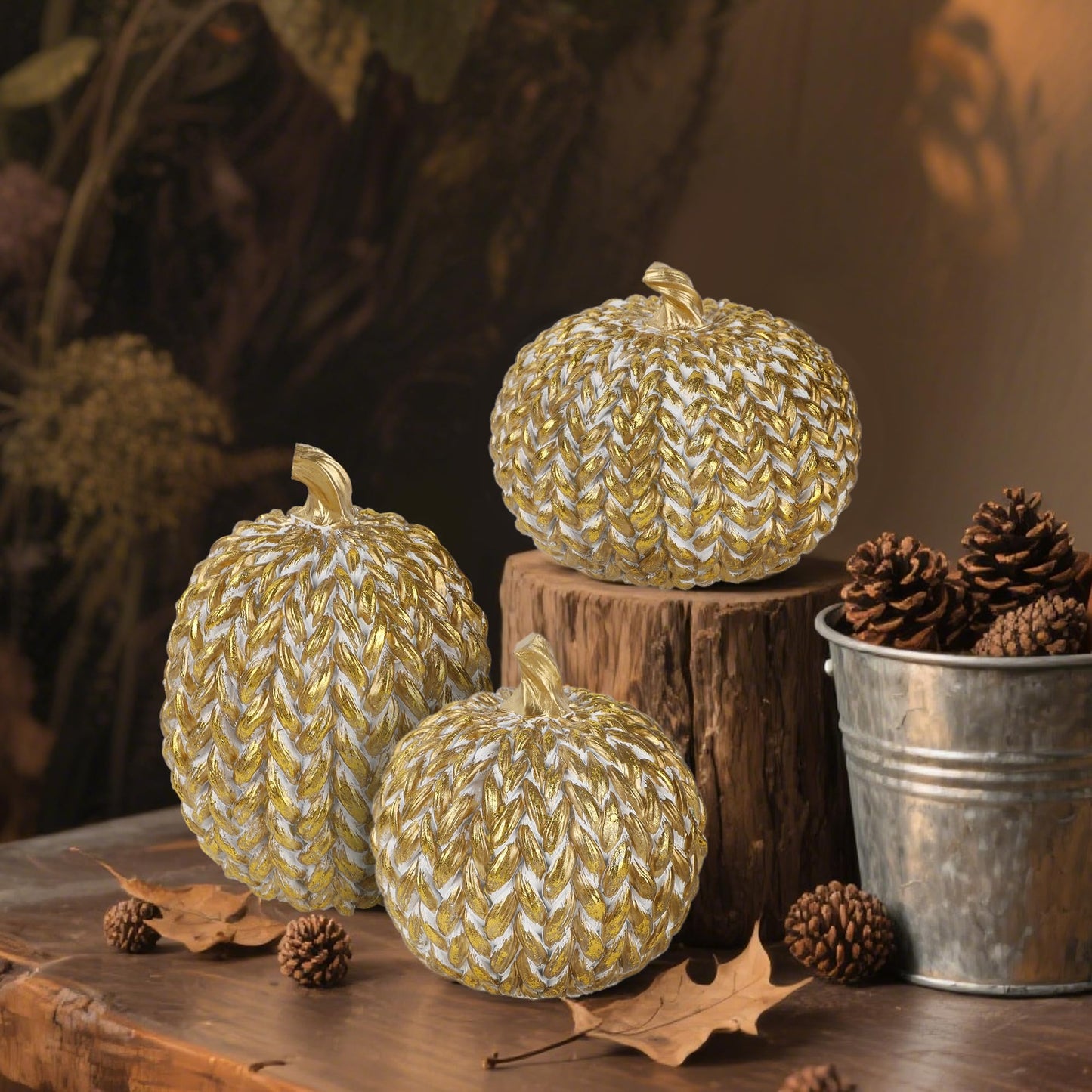 Fall Decorations for Home Set of 3, Gold & White Resin Pumpkin Decor with Woven Design - Thanksgiving Table Centerpiece, Mantel, Indoor & Outdoor Farmhouse Autumn Décor