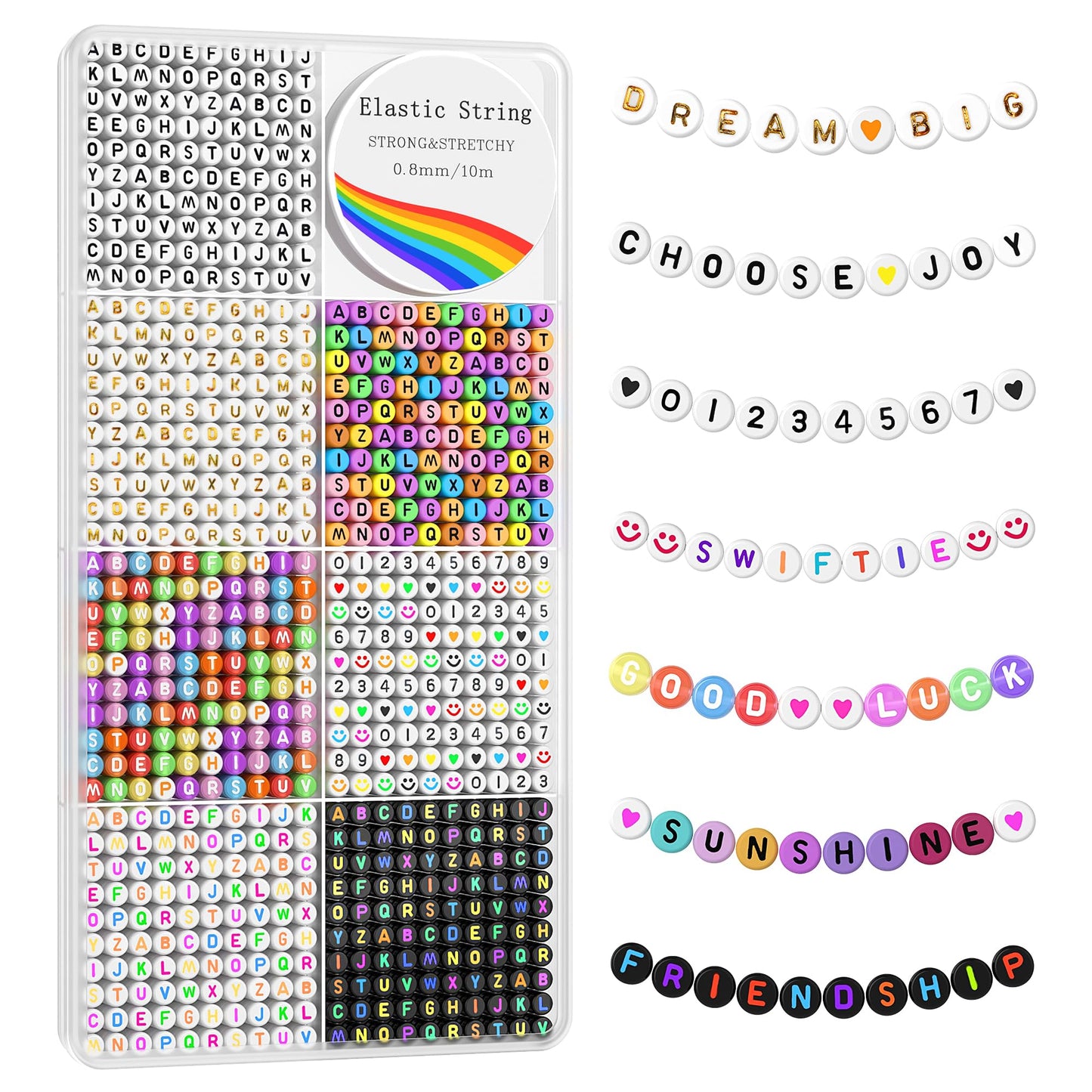 1600 Pcs Letter Beads Kit, 6 Styles of Colorful Alphabet Beads for Bracelet, Number Beads Smiley Face Beads Heart Beads and a Roll of Elastic String for Friendship Bracelet Kit.