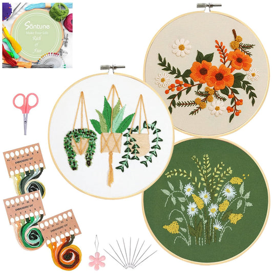 3 Sets Embroidery Kit for Beginners Needlepoint Cross Stitch Kits for Adults,Stitch Learning DIY Sets with Instruction Video,Stamped Floral Patterns,Hoop,Threads,Sewing Hobby