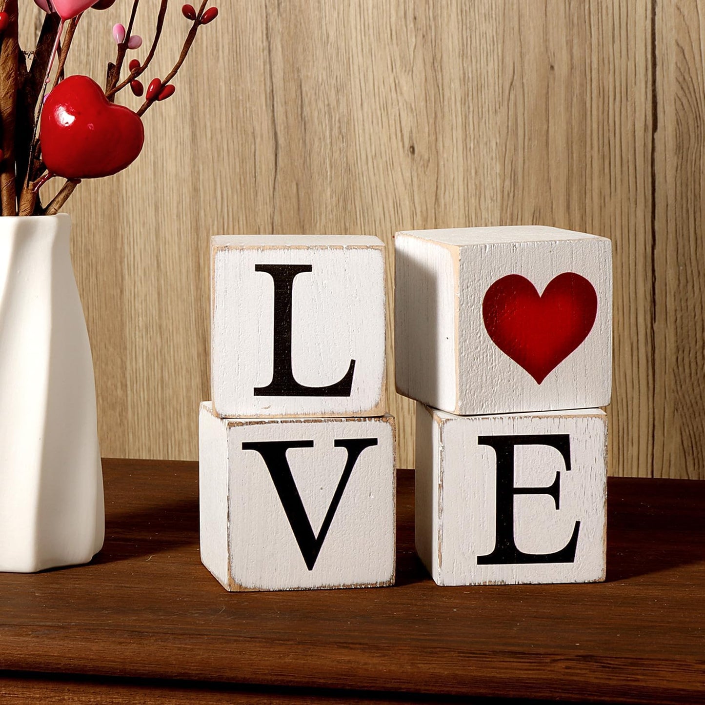 Valentines/St. Patrick’s Day Decorations, 4Pcs Rustic LOVE Wooden Centerpieces Decor Signs, Farmhouse Valentines Galentines Day Decor for the Home Office Table Mantel Shelf Gifts