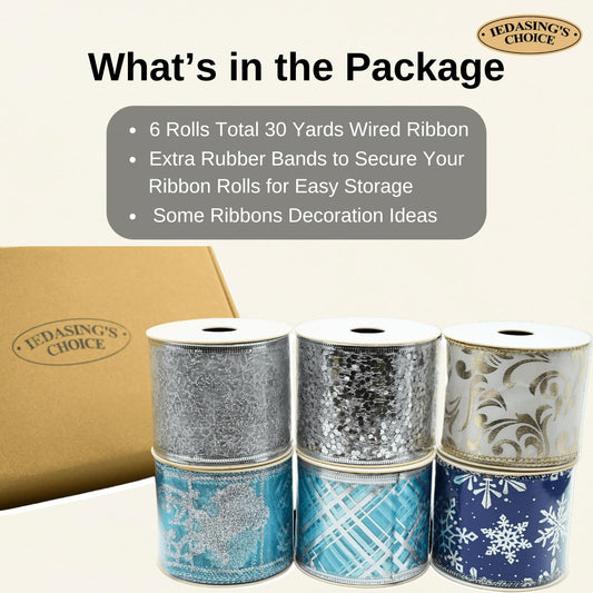 Christmas Ribbon Wired 2.5 Inches 6 Rolls 30 Yards Holiday Burlap Mesh Organza Glitter Ribbons for Christmas Tree Wreath Garland and Home Decor (Winter Blue & Silver)