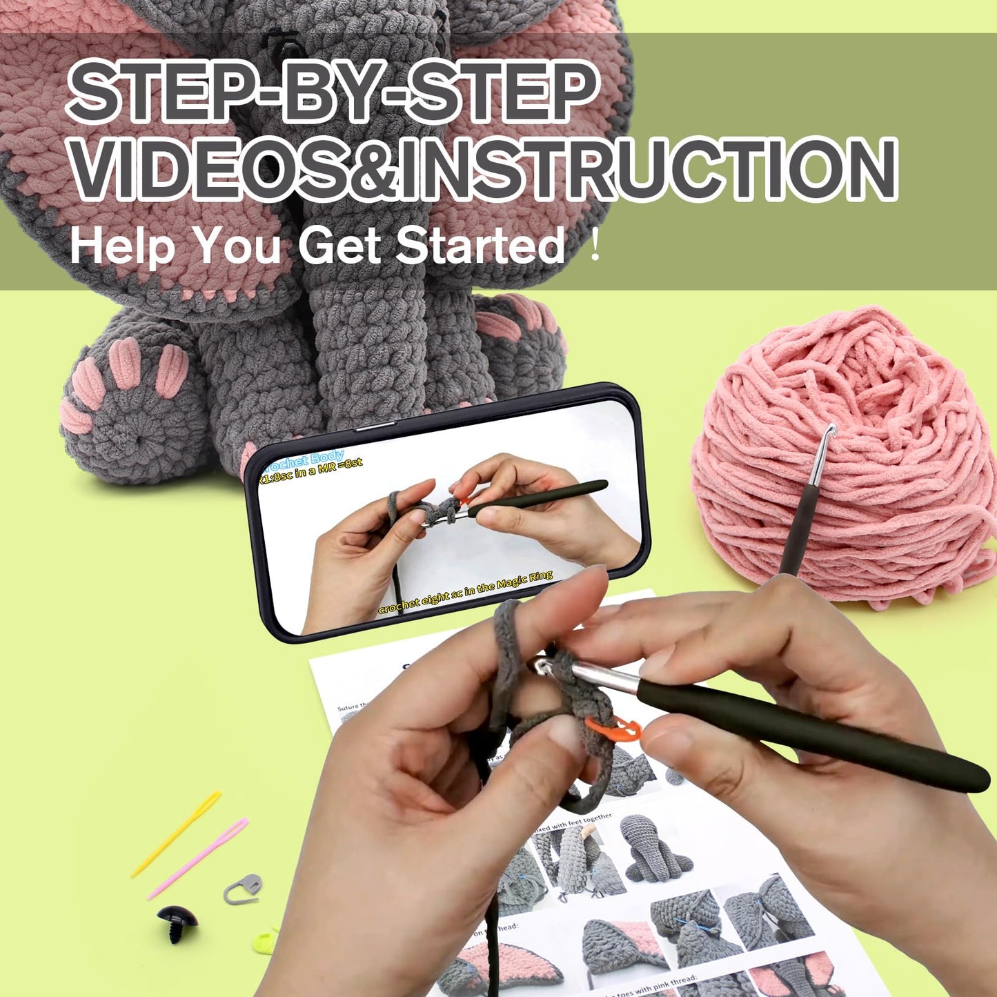 CODGP Crochet Kit for Beginners,13in Crochet Animal Kit Elephant,Crochet Starter Kit Gift for Adults Kids with Yarn Sets,Amigurumi Crochet Kit with Step-by-Step Video Tutorials