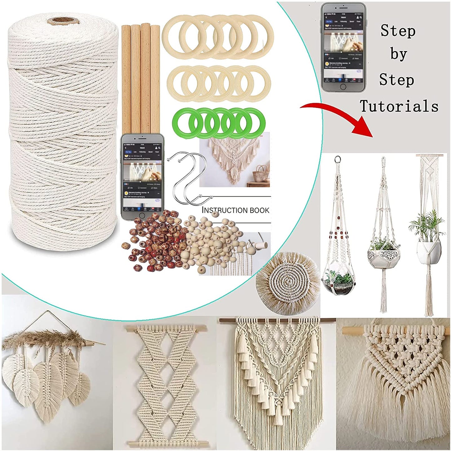 LECZIVOEN Macrame Kit, All in Macrame Supplies 109Yards x 3mm Macrame Cord,DIY Macrame Kit for Adults Beginners, Macrame beads with Wooden Rings and Wooden Sticks for Macrame Plant Hanger Kit