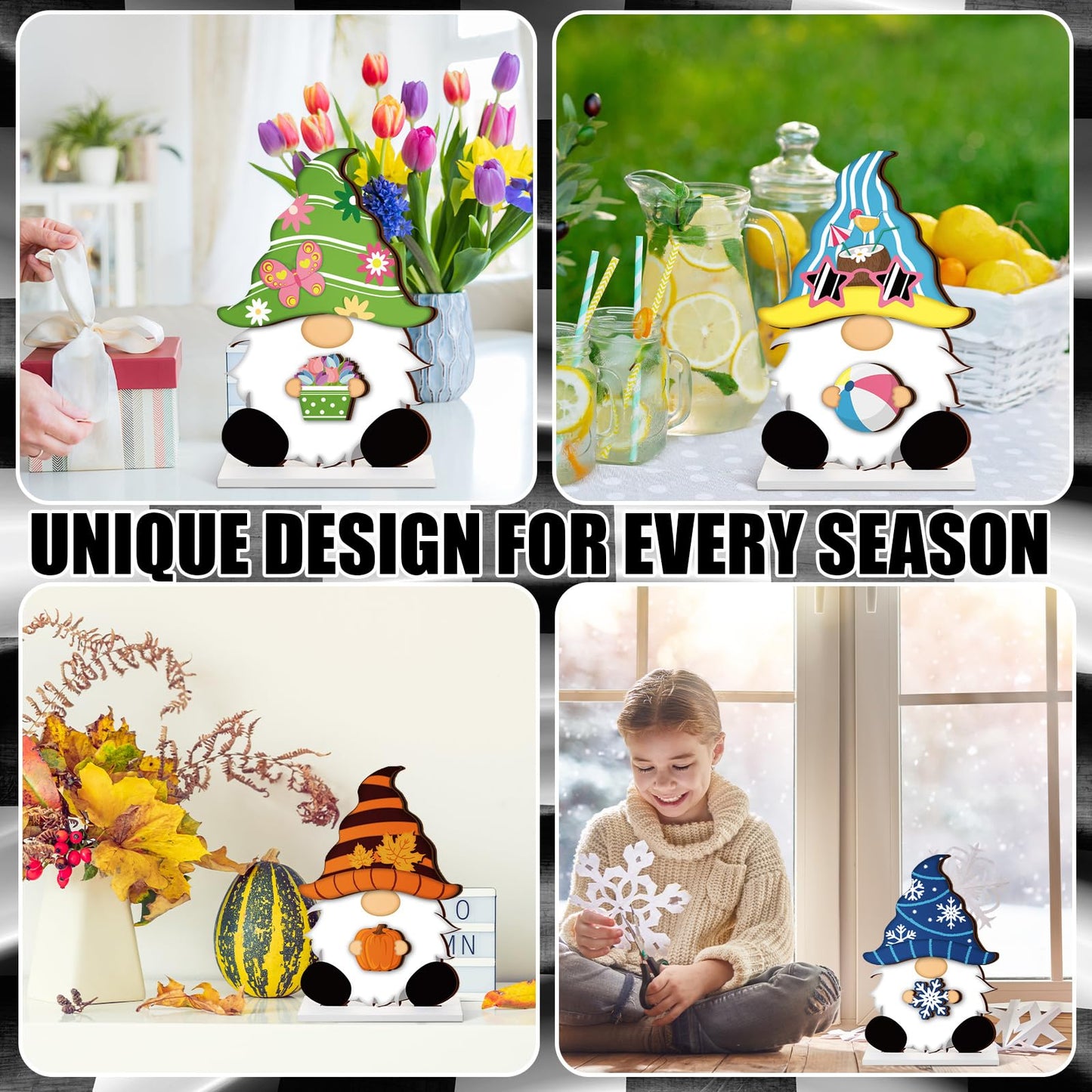 34 Pcs Christmas Interchangeable Wooden Gnome Decor DIY Holiday Christmas Seasonal Tiered Tray Decoration Gnomes with Magnet Pieces Welcome Sign for Xmas Holiday Decorations (Stylish)