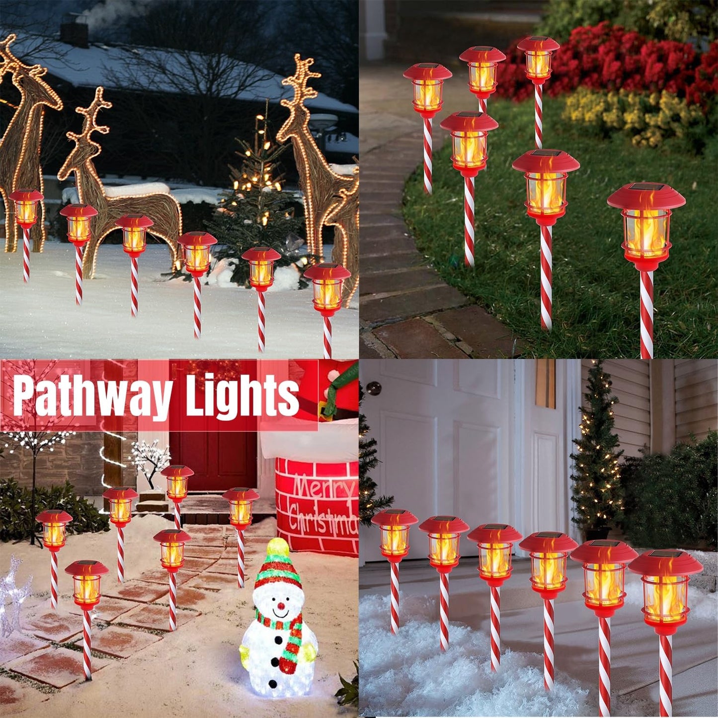 Dynaming 6 Pack Christmas Solar Flame Garden Lights Outdoor, Dual Use Flickering Flame Torch Candy Cane Pathway Marker, Xmas Hanging Lantern Lights, Waterproof & Auto On/Off for Patio Walkway Driveway