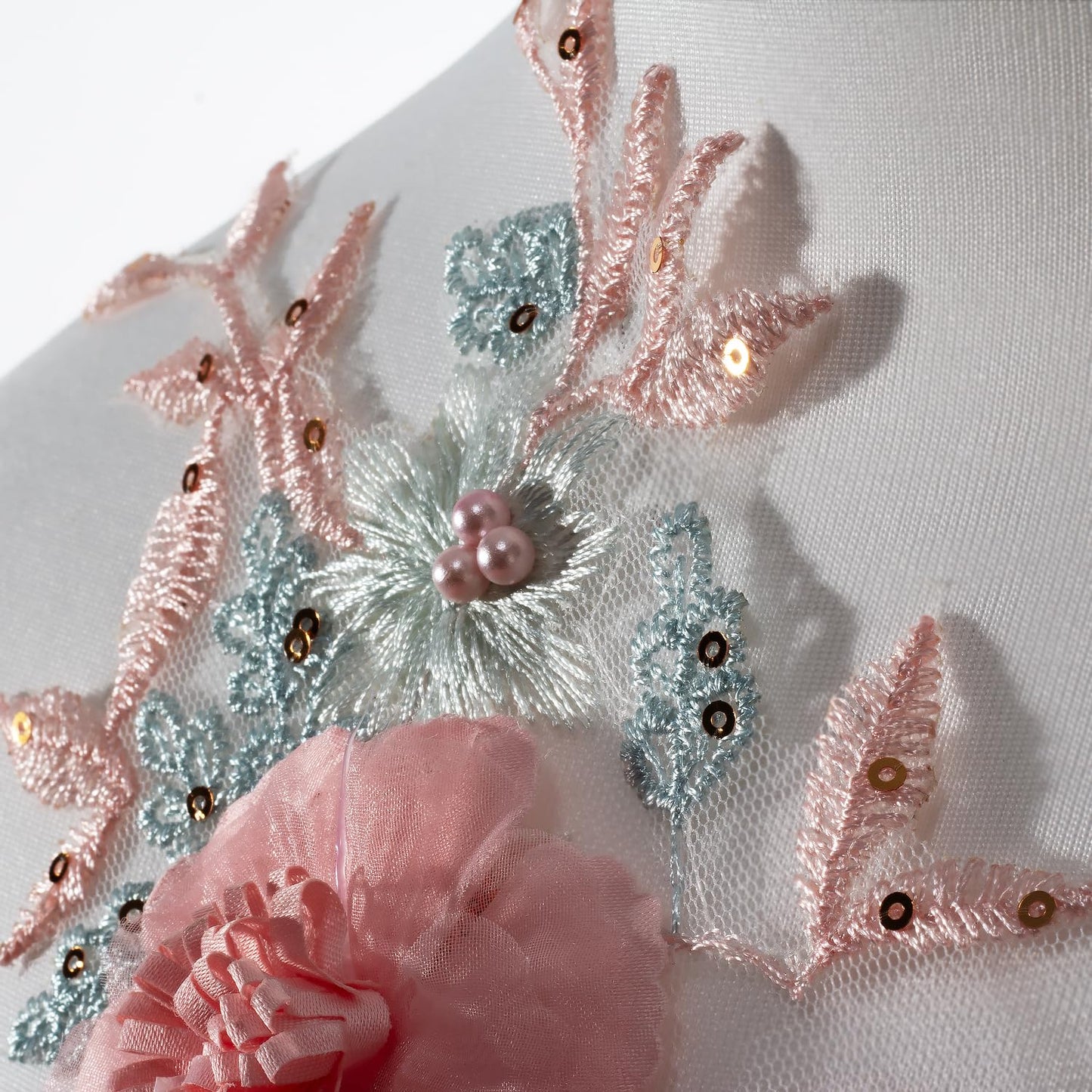 Silvora 3D Embroidered Beaded Pearl Flower Fabric Lace Applique, Handmade Sewing Tool for DIY Wedding Bridal Dress Floral Clothes Patches (Pink-Green)