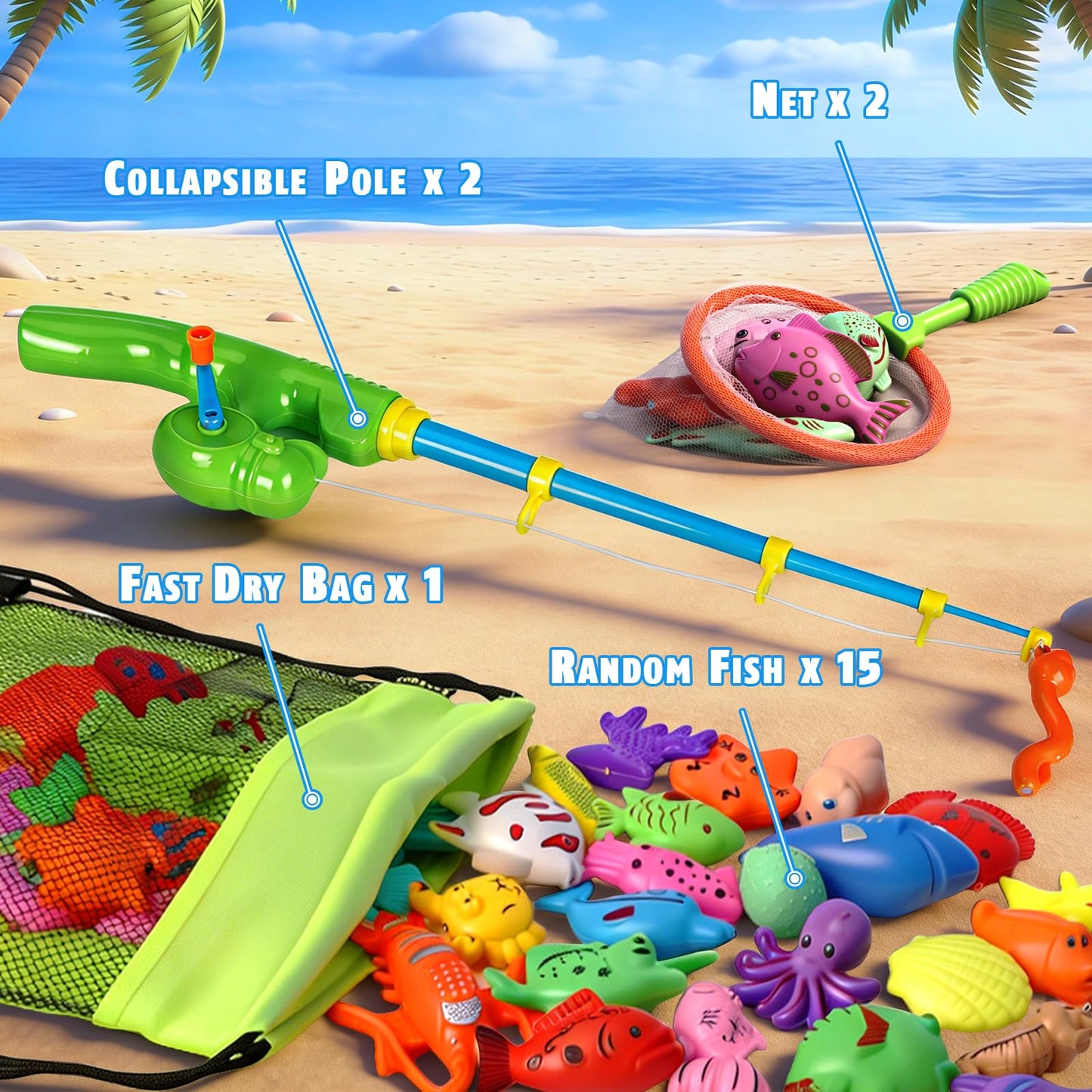 CozyBomB™ Magnetic Fishing Toys Game Set for Kids | Water Table Bathtub Kiddie Pool Party Pole Rod Net, Outdoor Plastic Floating Fish, Toddler Bath Color Ocean Sea Animals Birthday Gift Age 3-5 6 4-8