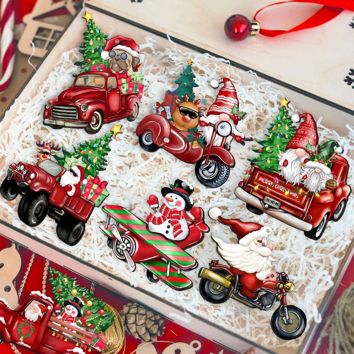 JOPHMO Wooden Christmas Truck Ornaments Red Truck Wooden Hanging Ornaments Wooden Car Crafts with Bead Farmhouse Hanging Decor for Xmas Tree Decoration Holiday Parties Craft Supplies 24 Pieces