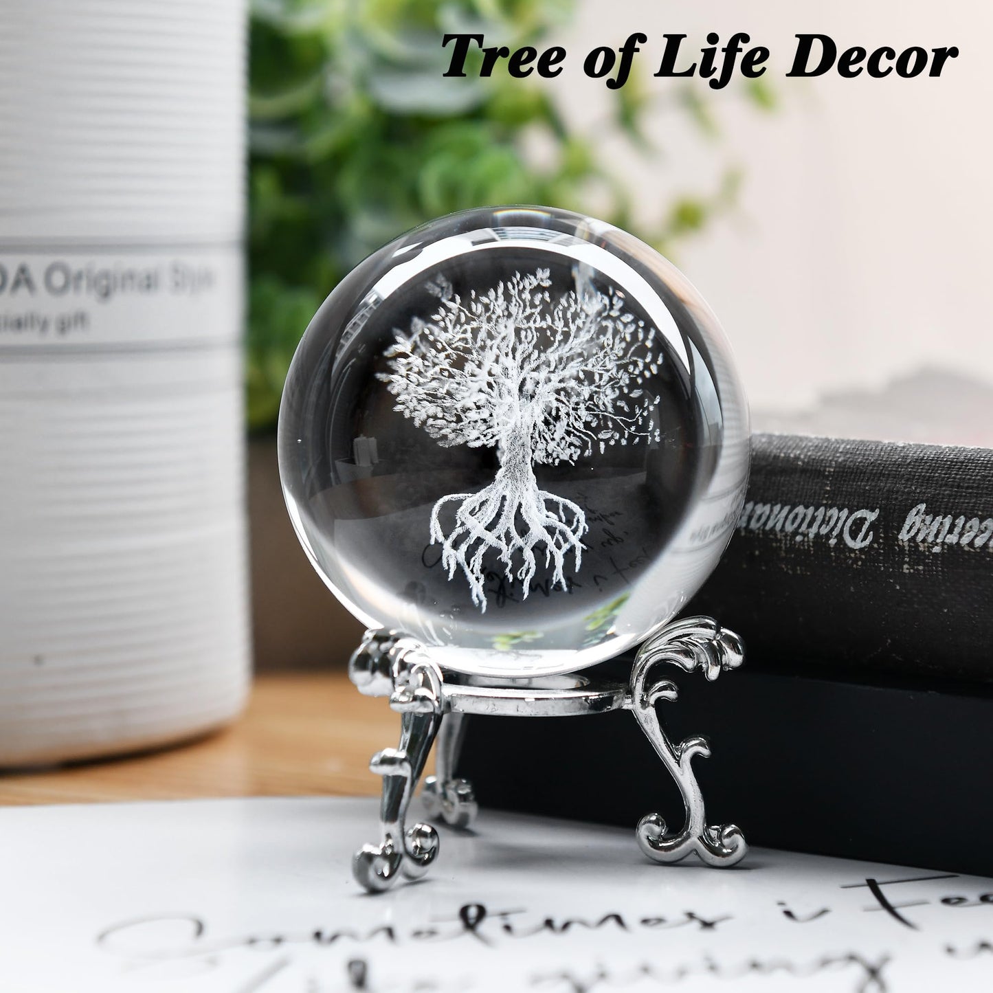 IFOLAINA 3D Tree of Life Crystal Ball with Stand Laser Engraved Glass Ball Tree of Life Decor Decorative Globes 3D Crystal Plant Sphere Gifts for Her Birthday