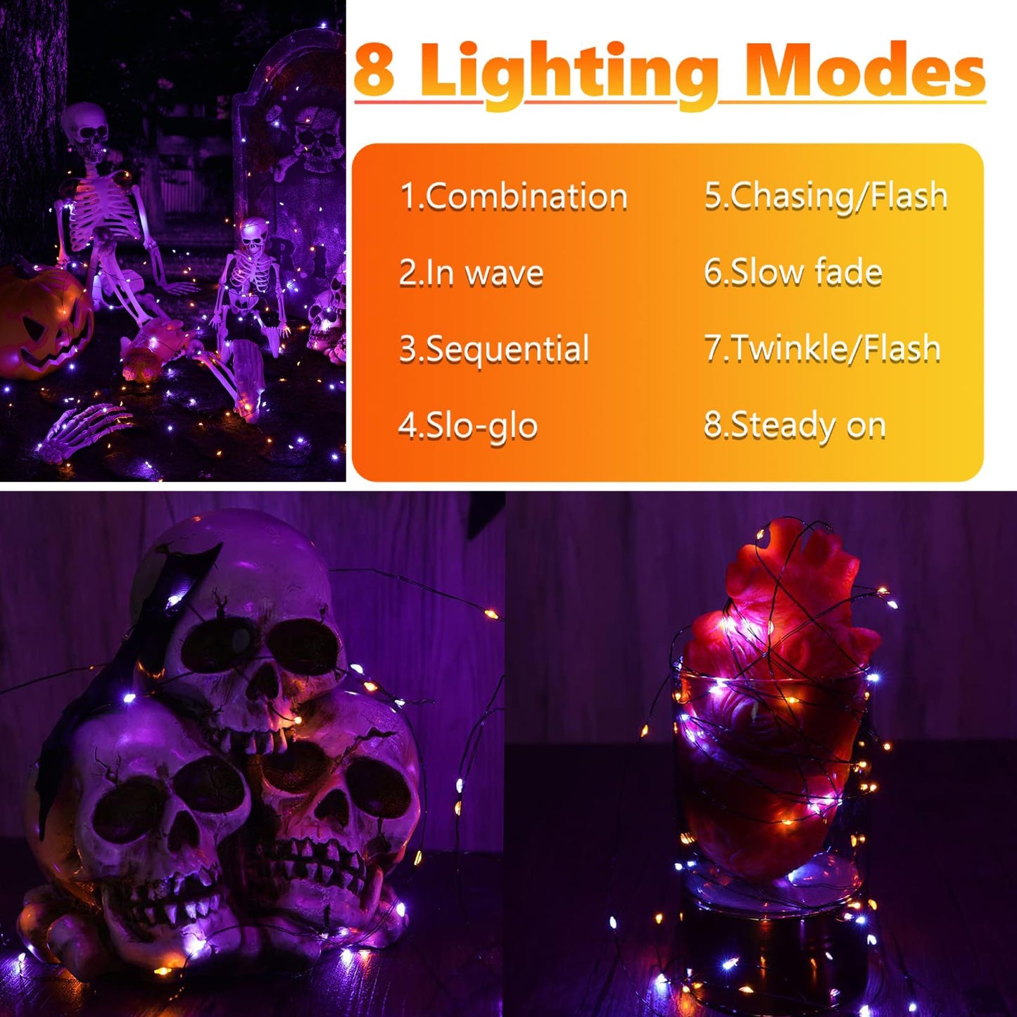 Joomer Orange Purple Halloween Solar String Lights 2Pack Total 100ft 300LED 8 Modes Solar Fairy Lights, Waterproof Lights Black Wire for Halloween Decorations