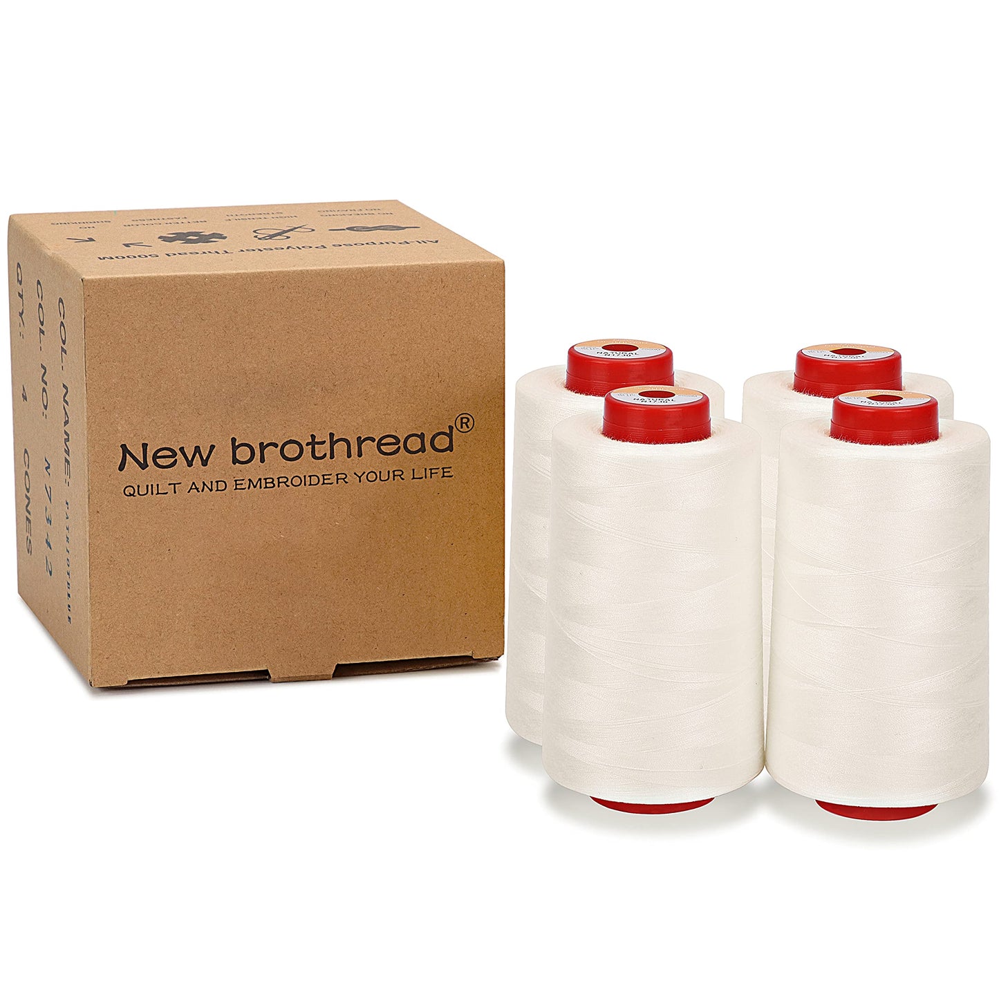 New brothread - 30 Options - 4 Large Cones of 5500Y (5000M) Each All Purpose Spun Polyester Thread 40S/2 (Tex27) for Serger, Overlock, Quilting, Piecing and Sewing - Natural
