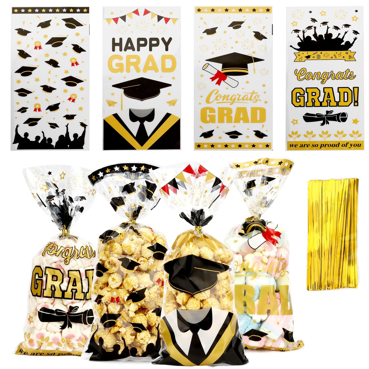 Leislam Graduation Treat Bags, Graduation Cellophane Treat Bags, 100 PCS Graduations Gift Bag, Plastic Clear Cello Candy Cookie Snack Goodies Bag with 100 Pcs Gold Ties for Graduations Party Favors Supplies, 4 Styles