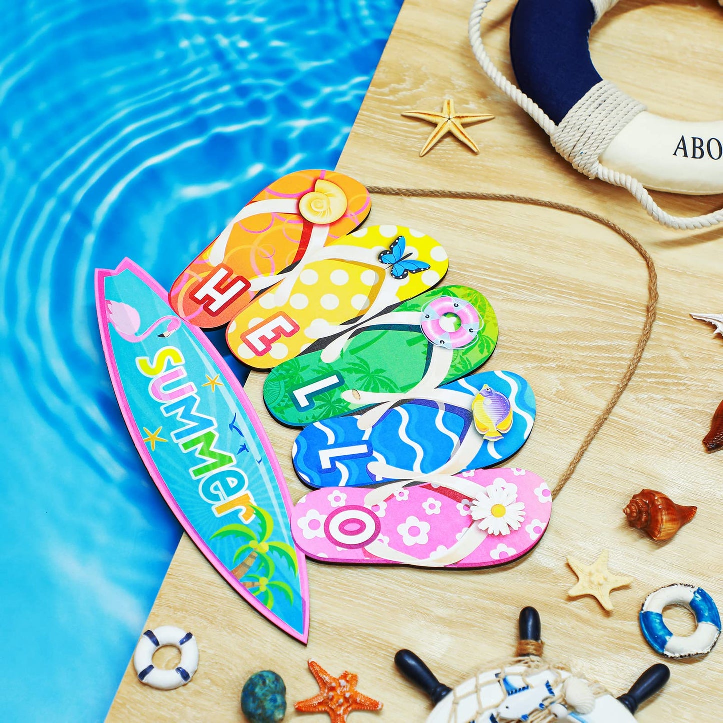 Jetec Summer Slippers Hanging Sign Shape Welcome Hello Flip Flop Wooden Door Sign Hanging Plaque Rustic Wall Sign Yard Indoor Outdoor Garden Decoration with Rope (Hello Summer)