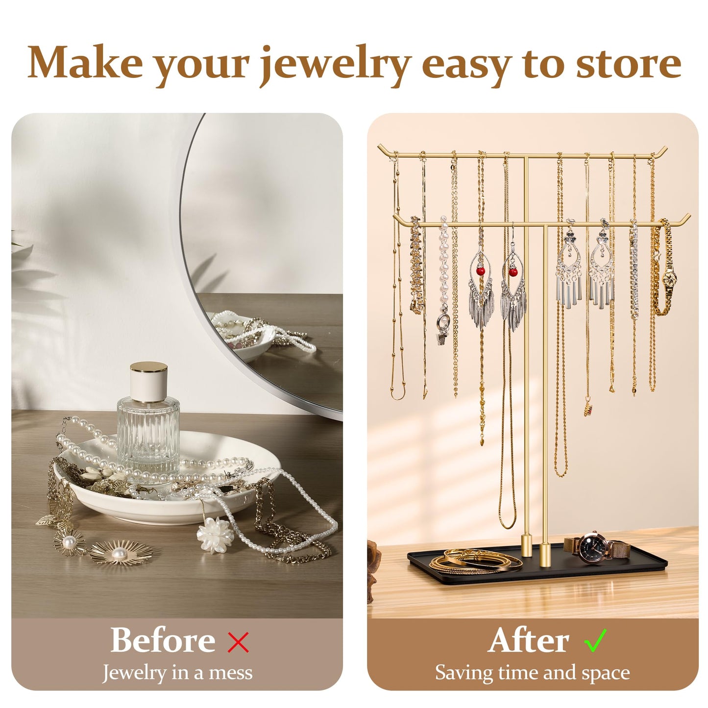 bussdis Necklace Holder Jewelry Stand Organizer for Necklaces and Bracelets, Metal Display Stand, Gift for Women, Ideal for Home, Bedroom, or Vanity, Gold and Black