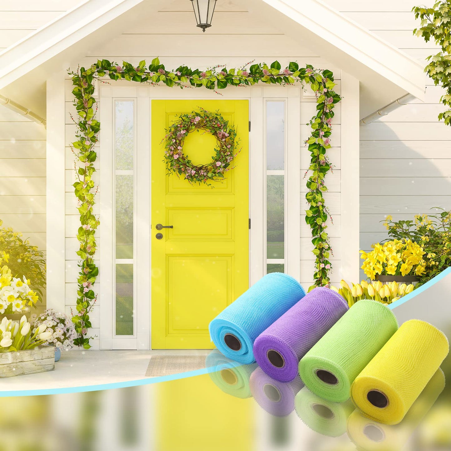 4 Rolls Easter Decor Mesh Ribbon Making Supplies Poly Mesh Ribbon for Halloween Craft Wreaths Decorating 30 Feet Each Roll(6 Inch Wide,Yellow, Green, Blue, Purple)