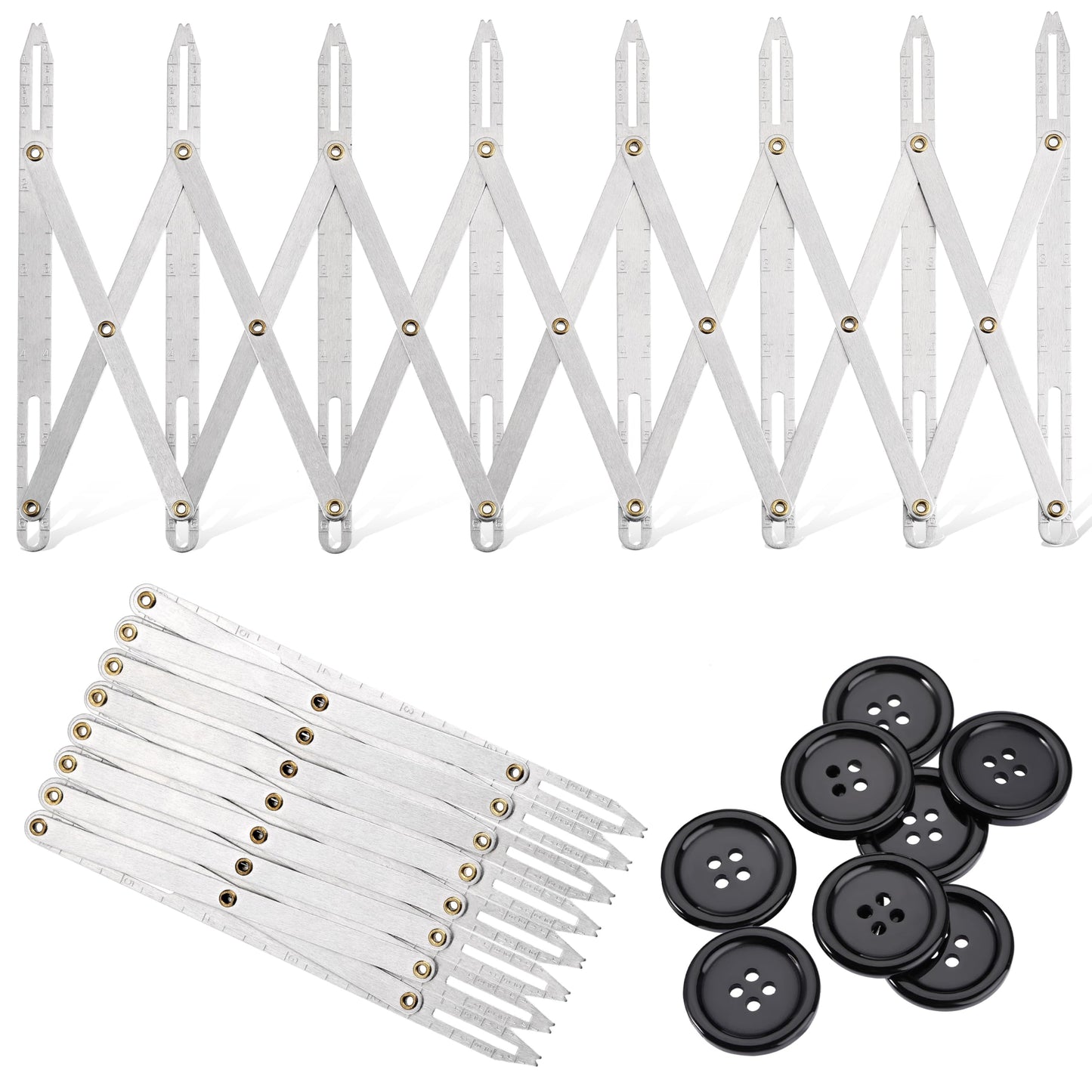 9 Pieces Expanding Sewing Gauge Aluminum Sewing Gauge Quilting Button Sewing Tool 24 Inch Equal Space Divider Expandable Sewing Tools with Black Buttons for Crafting Pleating Button Space