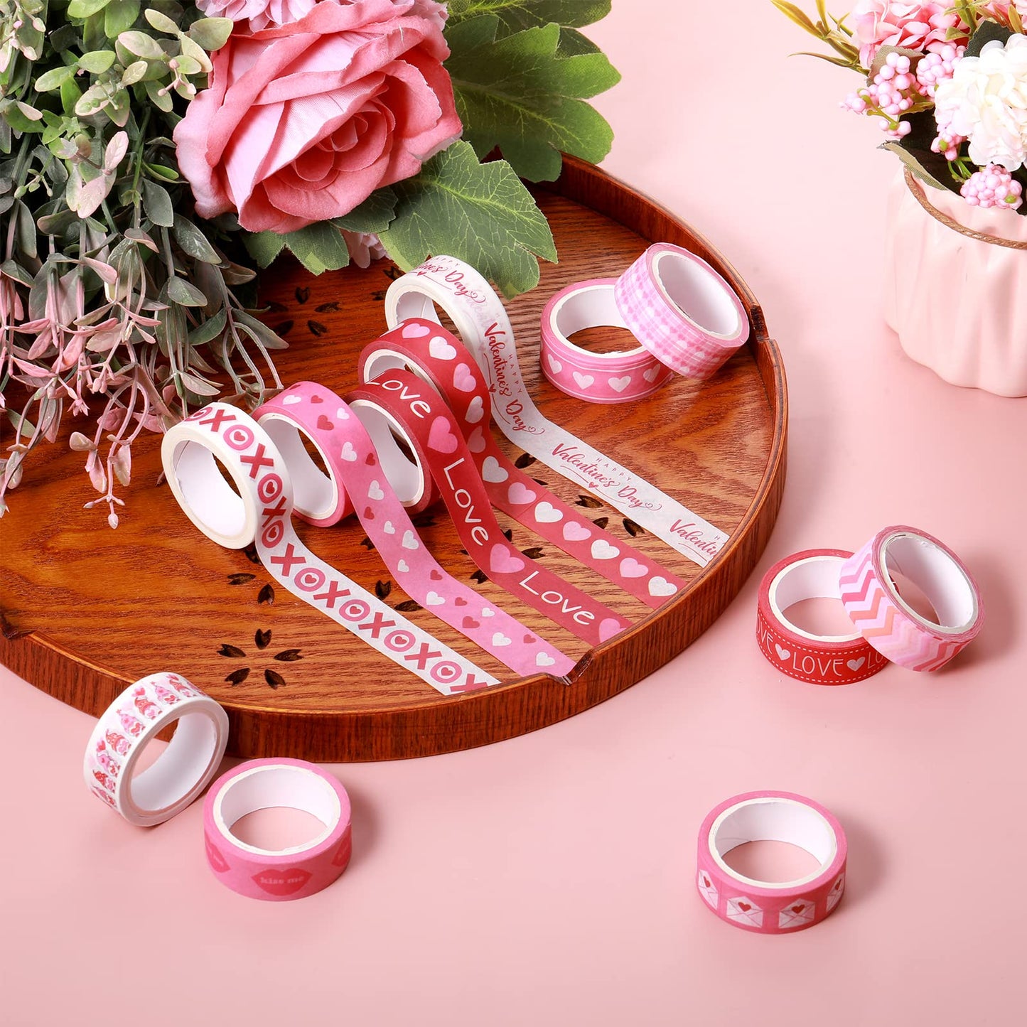 12 Rolls Valentine's Day Washi Tape Set Decorative 0.59 x 196 Inch Pink Love Heart Washi Tape Gnome Heart Masking Paper Supplies for DIY Crafts Scrapbook Giftwrap Wedding Party Decor