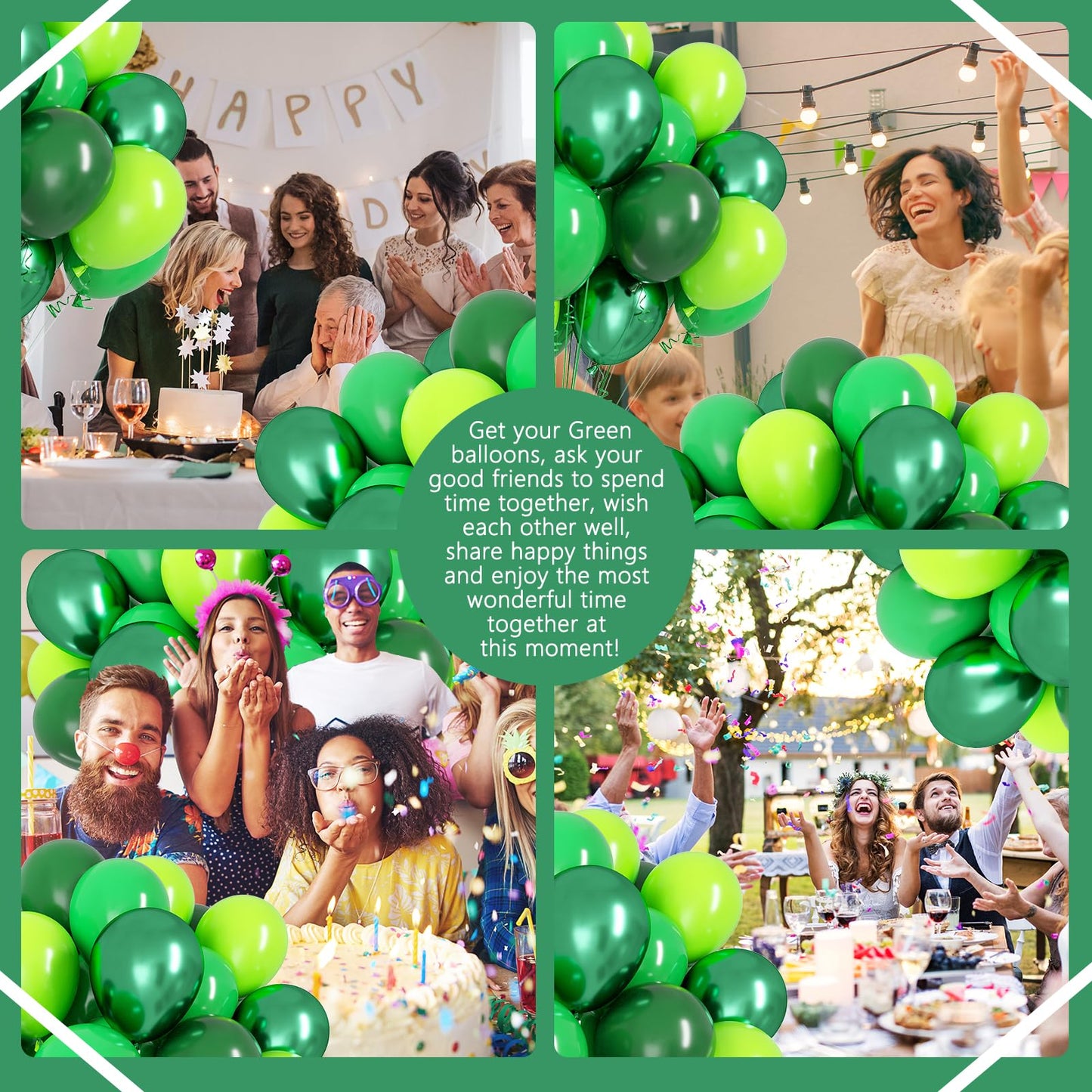 OWill 100pcs Green Balloons 12 Inches Different Shades Dark Green Emerald Green Lime Green Chrome Metallic Green Latex Balloons for Jungle Safari Party Supplies St. Patrick's Day Decoration