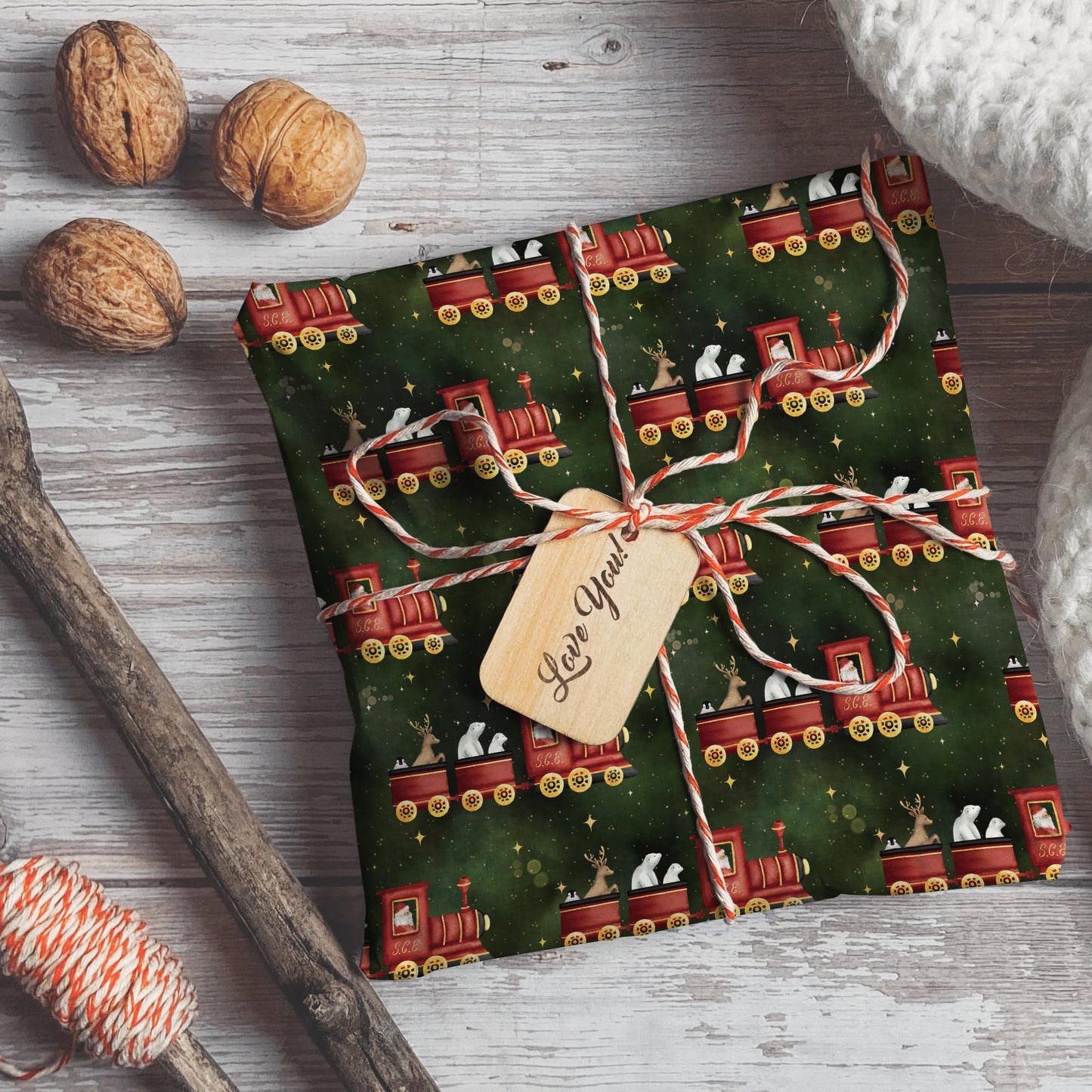 SaringSwoon Vintage Train Christmas Wrapping Paper for Baby Boys Girls Kids - Green Xmas Wrapping Paper with Red Trains, Santa, Polar Bears, Penguins for Holiday - 40×28 Inches, 4 Folded Sheets